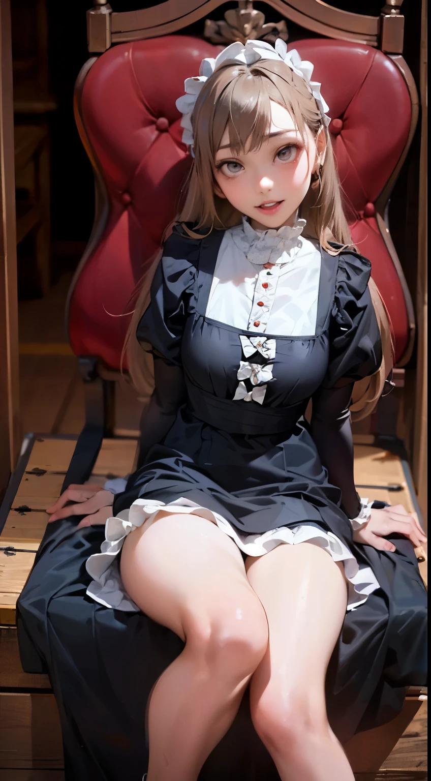 super high quality、Super detailed、highest quality、Mysterious、solemn atmosphere、teenage girl，girl sitting on a chair、(Front view)、middle ages、Europe，painting style、slender body、(Formal Dresses)，very delicate，German style、(Low - Angle:1.4)、(Turning your whole body forward)、(focus on crotch:1.5)、(I can see your pants:1.2),(sit with your legs slightly open:1.2)