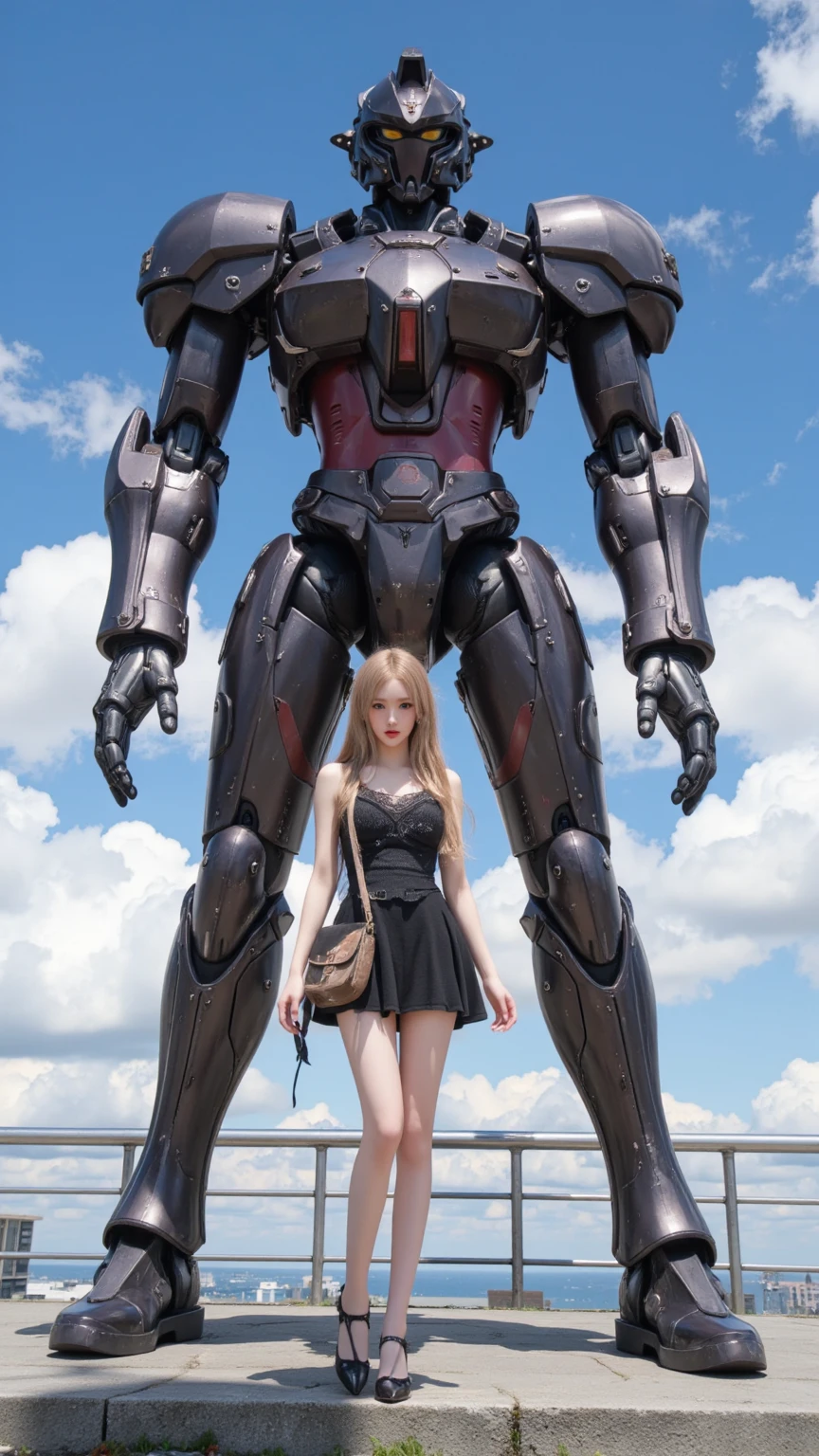 there is a woman standing in front of a giant robot, inspirado em Ken Kelly, epic album cover, imogen poots como paladino, Ralph Horsley cores vivas, poderosa princesa do deserto, skynet, intricate biopunk patterns, rainha do guerreiro, Krull