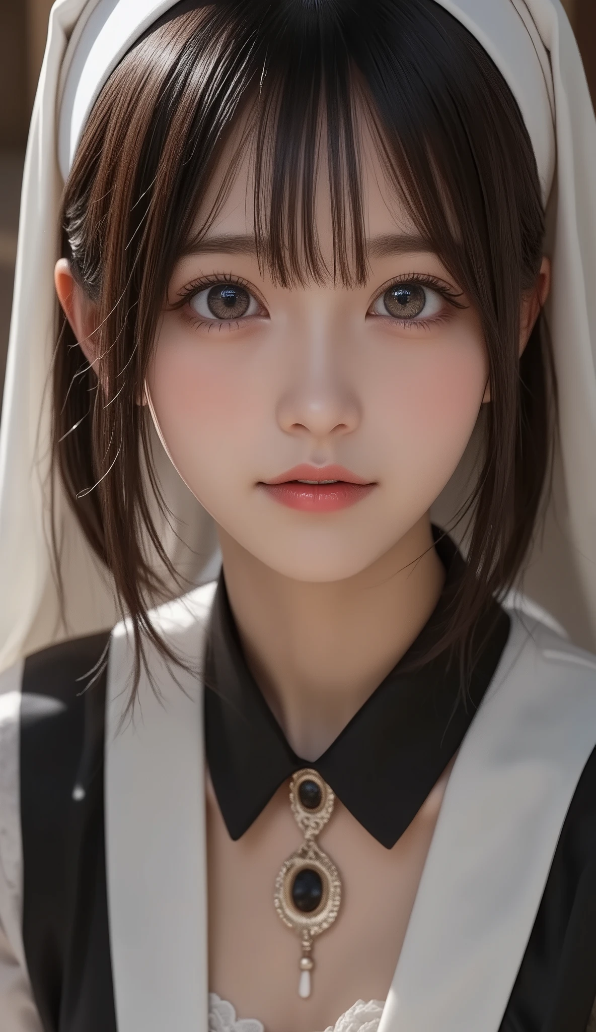 8k, super high resolution , best quality, Masterpiece,rule of thirds,golden ratio, surreal, photos, one woman,( girl :1.3), is cute , is cute 顔, Beautiful Eyes in Every Detail , 細かく Details, mature woman, princess,full body,smile, black hair,drill hair,ID photo,future, brutal cyberpunk woman , luxurious and beautiful ,(( traditional nun )), ((Shiny Costumes)), very delicate expression , delicate eye depiction, erotic, Healthy body shape, (( 1 female)), Height: 160cm, (( Thin Thighs)), shiny,((透明でShiny Costumes)), ((Great Hall)) ,( Thin Waist:1.4)、( Beautiful :1.4), pink lips, profile,((( ideal body shape))),Small bust, A cup :2,、 portrait:2、 perfect anatomy 、鮮明な Details、 Details, thin lips,Perfect and beautiful face ,完璧で is cute 顔, Meticulous Skin , Perfect Limbs 、 Thin Waist, surreal,Light and Dark, Fashion Magazine Cover ,glowing