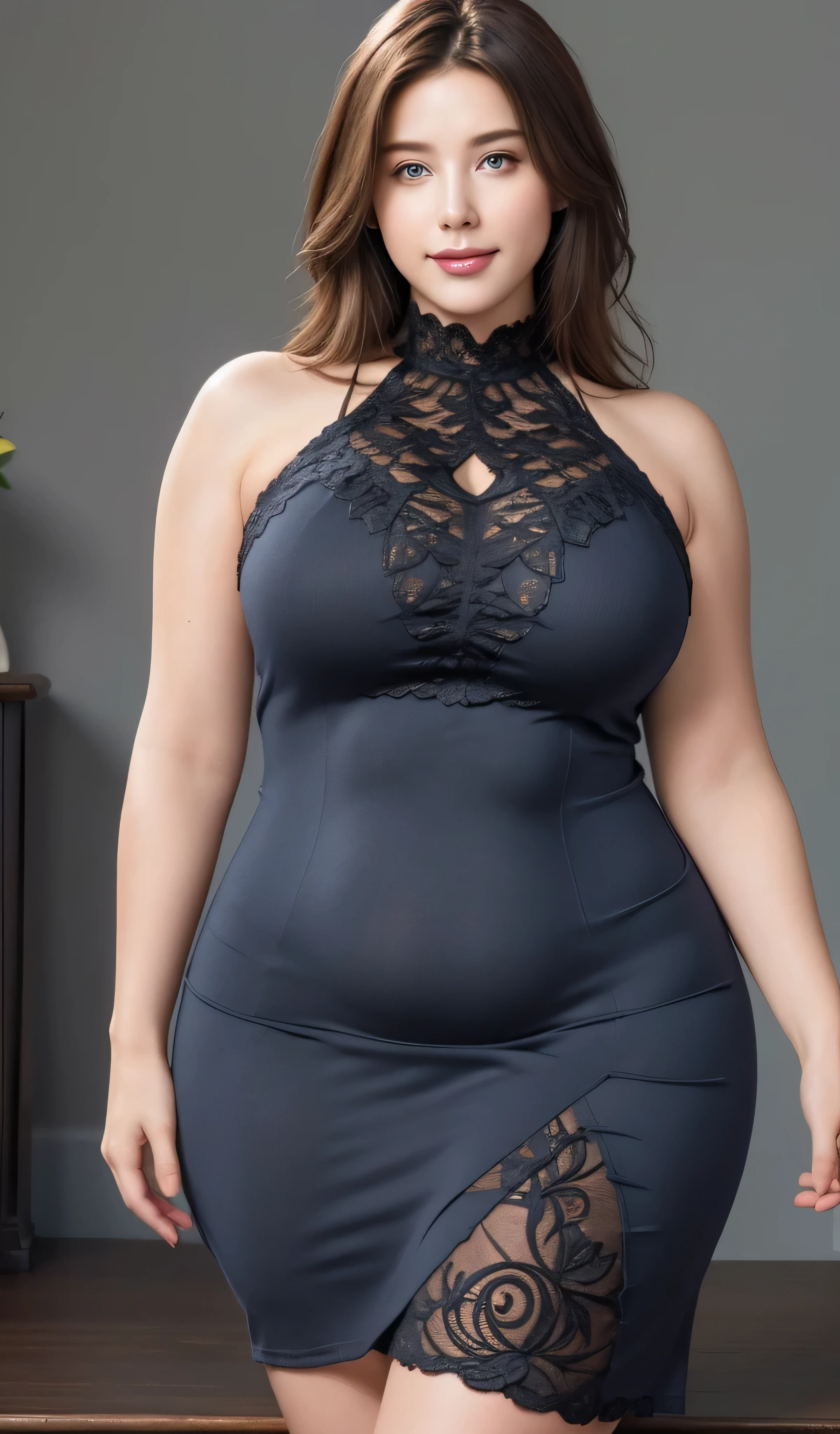 A beautiful and hot almost chubby mature woman with big hips.who wears a long, shiny lace-like dress with sleeves. and standing at home. A smiling face