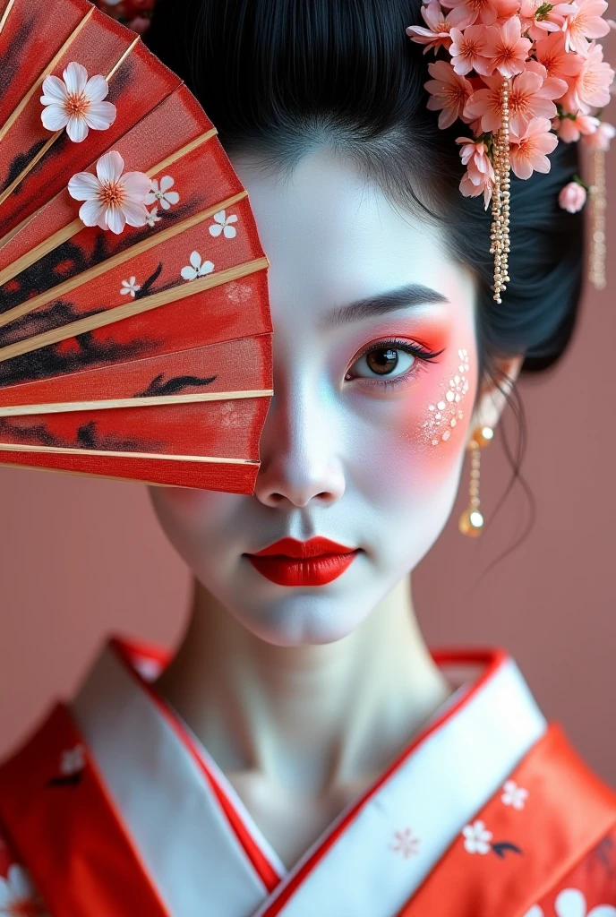 tilt shift photo of there is a woman with a red and white face paint, jingna zhang, cyberpunk geisha, stunning digital art, 8k artistic portrait photography, beauty geisha, stunning digital painting, inspired by chen yifei, oriental face, 8 k realistic digital art, remarkable geisha make up, stunning digital illustration, gorgeous digital art, geisha photo portrait . selective focus, miniature effect, blurred background, highly detailed, vibrant, perspective control