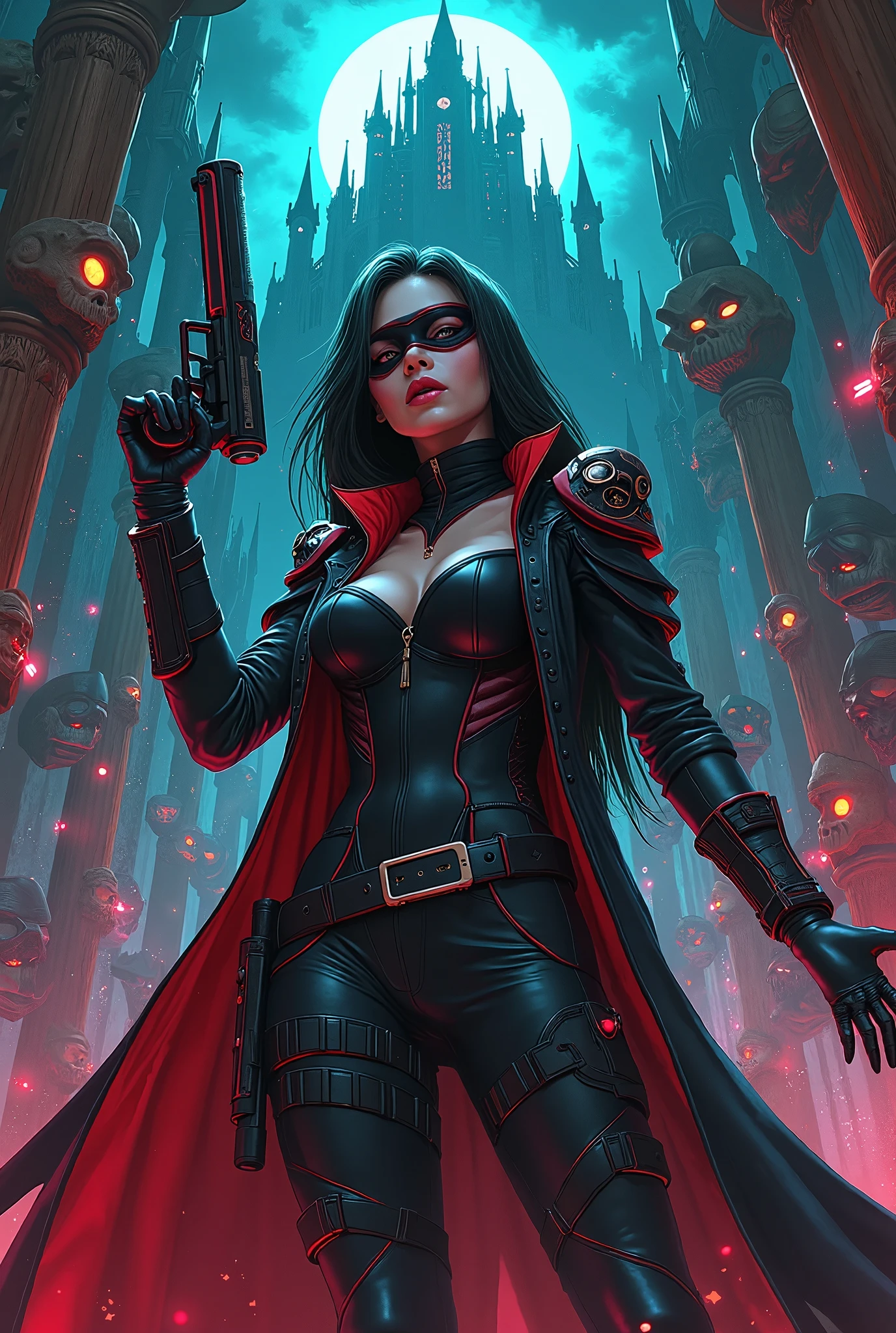 nix dark spawn woman very strong, black hair, 8k ultra high quality, masterpiece, ultra detailed, dark city around, rays cosmic around
