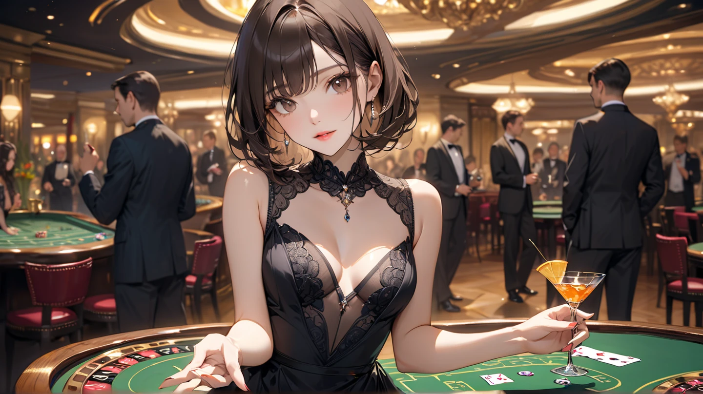 luxurious casino, elegant, opulent, card table, female croupier dealing cards, close up, seductive smile, long straight black hair, wear glittering blue evening-dress, blue eyes, decadent atmosphere