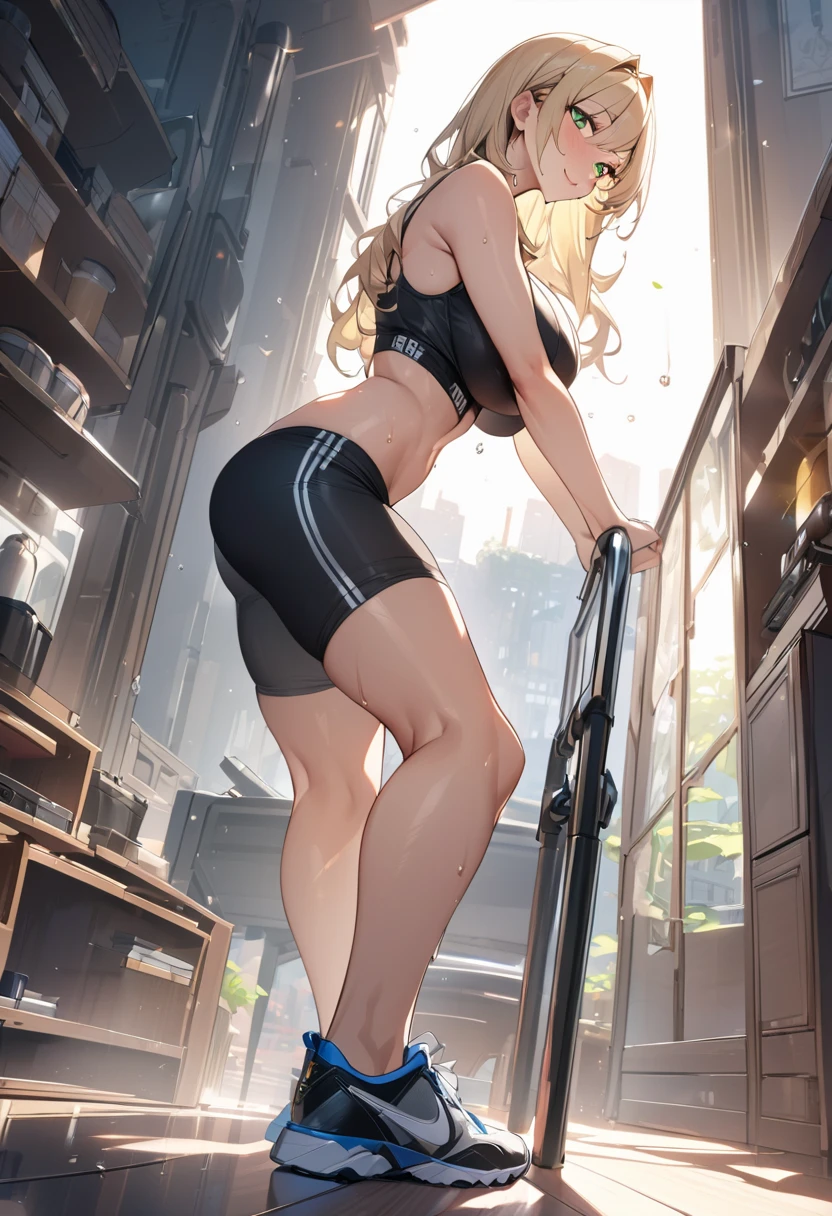 8K, 4k, highest quality, High resolution: 1.2), (masterful, realistic, Photoreal: 1.4), 1 woman,  Older sister's atmosphere、beautiful face, she has a bright smile、Shining Lipin Eyes, beholder, Fair skin, white skin: 1.5), Fine complexion, big, big,  blonde hair、headband bangs, ,  young, s asack-view、big ass、super breasts、H cup、lower hair、Rear view、exposed nipples、T-back that digs into your butt、wear a white thong、emphasize the buttocks、white collar thong、cute long hairstyle、wear high heel boots、A woman standing in front of a giant robot、There&#39;s a giant robot standing in the background、A female partner robot is next to you.、she&#39;s in the hangar、wearing an arm cover、I'm not wearing anything、Have an assault rifle、Hold an assault rifle