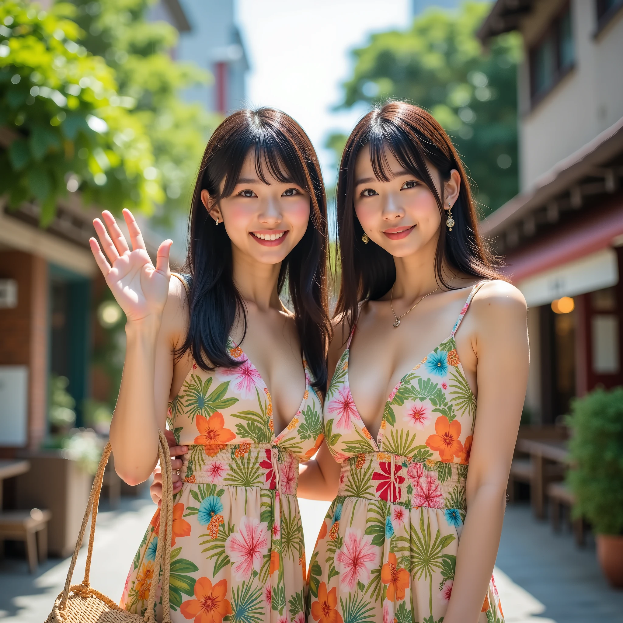 A beautiful smiling Japanese woman showing cleavage in front of an old-fashioned building on a sunny day, showcasing her home