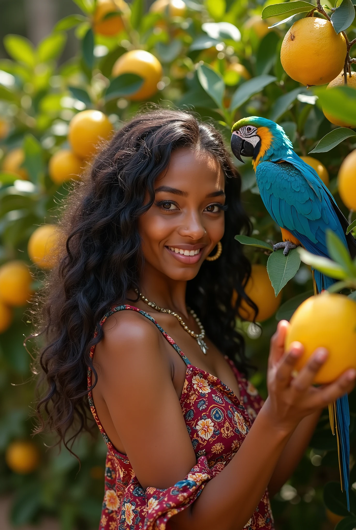(best quality, 4K, 8K, high resolution,masterpiece:1.2),Super detail (Realistic:1.37),((1 beautiful Italian girl picks lemons in the garden)). Mouth-watering shapes. An interesting cinematic pose. Beautiful dark eyes, beautifully shaped bright lips, a wide smile, long thick eyelashes, long curly black hair. (Ethnic-style decorations). She is wearing a bright wine-colored dress with an ethno floral print. Sunny atmosphere, sultry summer, lemon trees, yellow ripe lemons. (A blue parrot on a branch). The light falls from above and from the side, through the foliage of the trees, creating glare on the tanned skin of the girl. Shooting from below. Cinematic composition. Fujifilm. The style is realism.