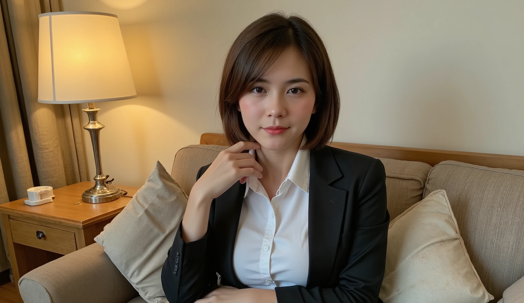 ((( is present、live-action、 high definition、I can't put in characters)))、40 year old beautiful Japanese woman、1 person、 Skinny Body 、 in a recruitment suit 、 Very Shorthair、I'm sitting on the sofa in a room full of the mood of a Japanese love hotel and relaxing