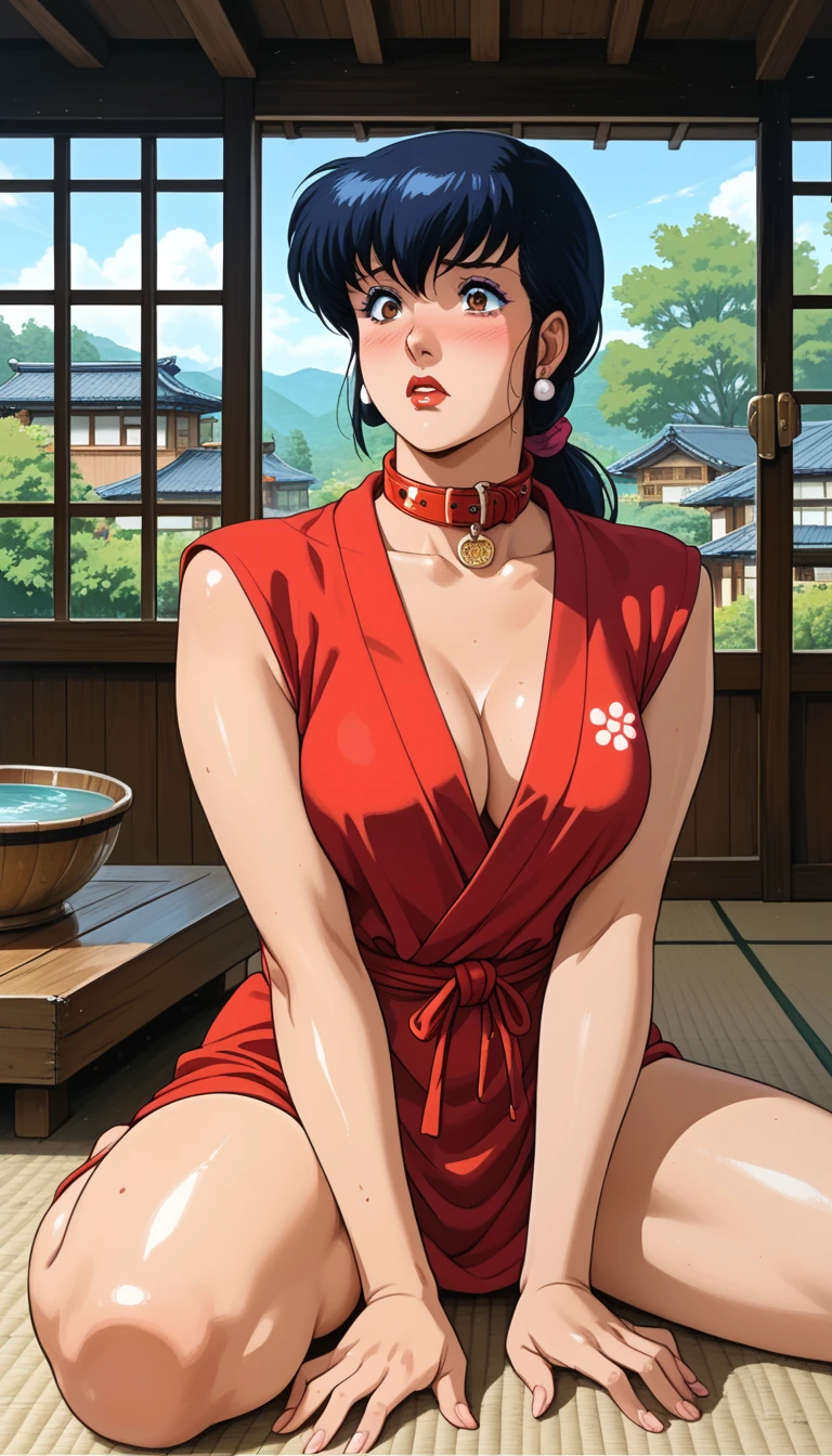 Yamashina Mizuho, masterpiece, best quality, an attractive sexy mature woman sitting on a bench in a kimono, 1girl, solo, japanese clothes, breasts, cleavage, kimono, no panties, female pubic hair, pussy, feet, nsfw, dress lift, spread legs, legs up, japanese sandals, seductive smile, red face, hair ornament, chignon hairstyle, single hair bun,