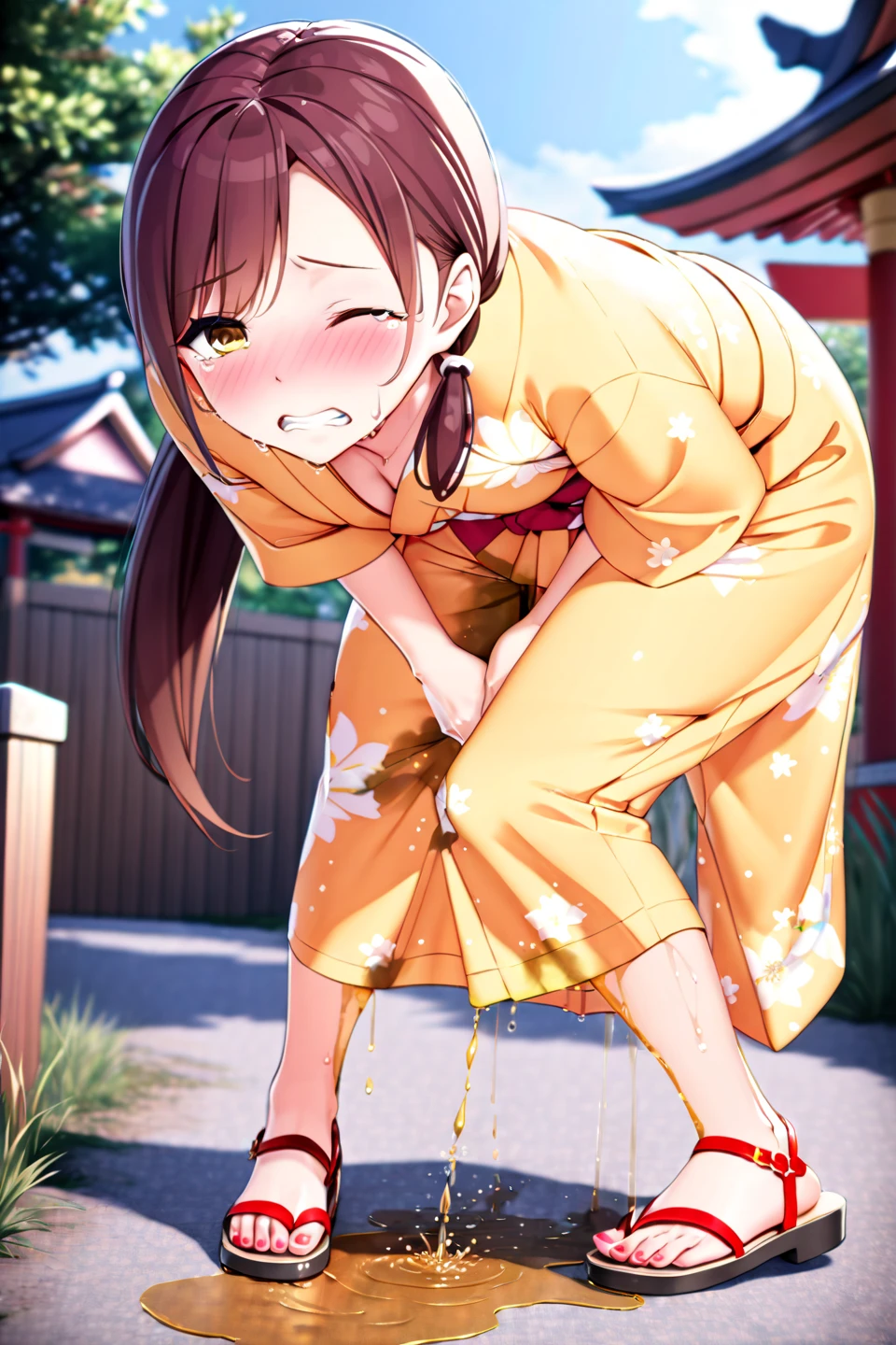 nsfw, (masterpiece, top quality, best quality, highly detailed:1.6), anatomically correct, (full body), wide shot, long shot, (pubic hair, dark brown pubic hair:2.5), (crotch, pussy, urethra:3), ((standing pose, open knees:2.5)), (naked, nude body:2), (Pee spurting out of the urethra:3), (pee running down legs), ((standing)), (Standing with knees apart to expose the urethra:2), strong facial expression, (sharp eye:1.2), (scowl:1.1), (embarrassed,blush:1.3), (steam:2), (Wet:1.1), (sweat:1.1), (trembling:1.3), (open mouth, wavy mouth:1.4), (clenched teeth:1.7), (closed eyes:1.5), (feeling weak:1.5), (bravery crying, sobbing:1.5), (shoot from front:1.2), (outdoor, hot spring, next to the onsen:2.5), (long hair, dark brown hair:1.4), (woman trembling with sexual climax:1.5), (at midnight), night, at dawn, colorful, perfect composition, urination, incontinence, piss, peeing self, A lot of pee, pee running down legs, (((pee stream))), (pee puddle), Wetting herself, pee stain, peeing, blush, trembling, embarrassed, medium breasts, Yellow pee, ((leaking pee)), Shaking one's shoulders, Breaking a sweat on forehead, puddle of pee, Pee at your feet, Pee spread on the floor, Pee stains, Dripping pee between my legs, Feet Wet from pee, Pee-covered feet, Pee at your feet, want to pee, about to pee, Full bladder, Pee-soaked legs, natural makeup, barefoot,