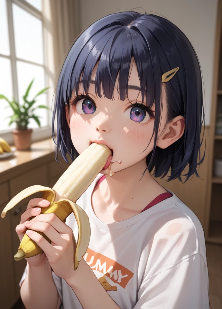 (masterpiece, best quality:1.5), (ultra detailed, high resolution, 8k, beautiful detailed, UHD, best anatomy), 1 cute girl, white hair, medium breasts, Peeling and licking a banana