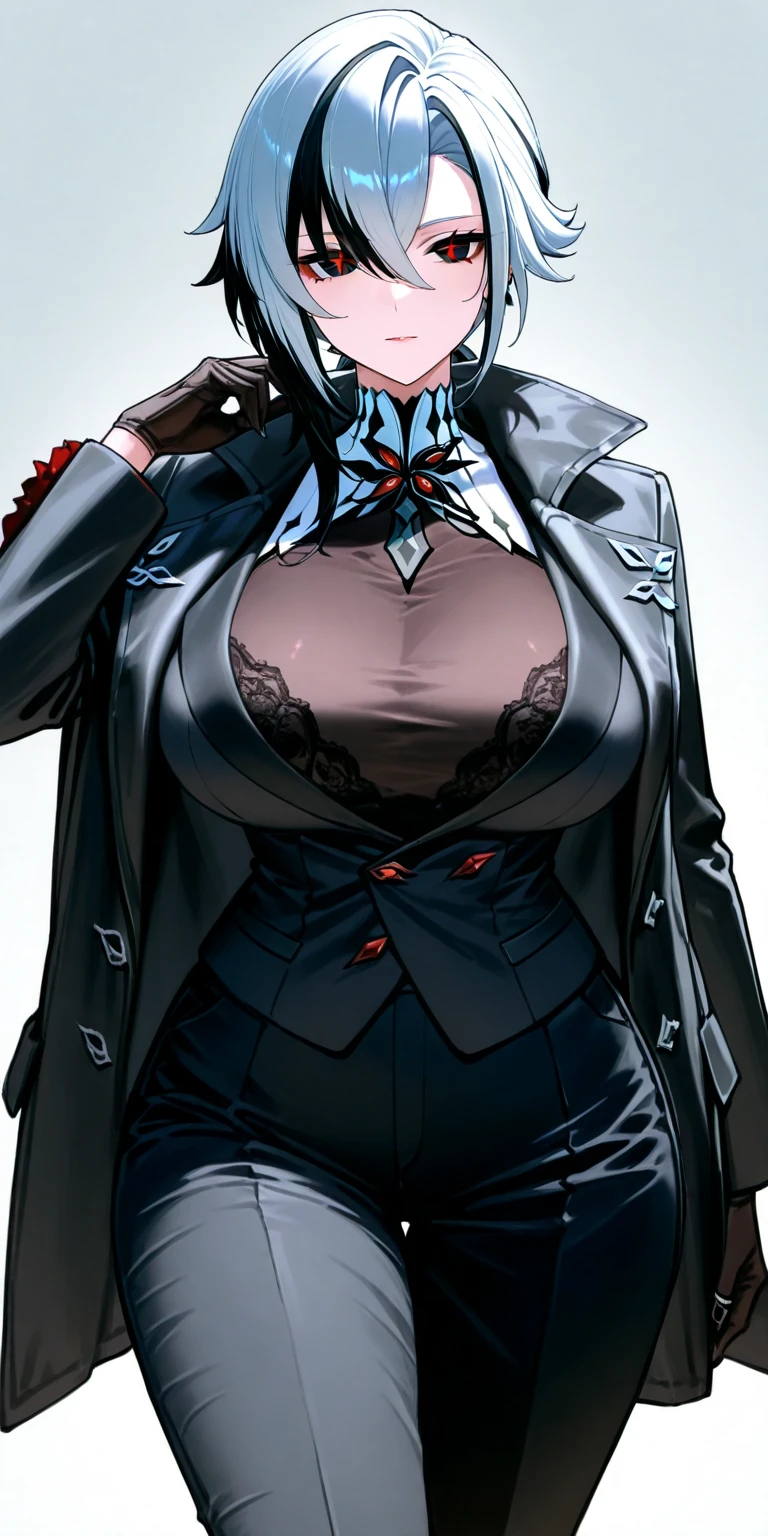 dappo rock, (Arlecchino \genshin impact\), glamorous, mature female, badass girl, curvy, large breast, (jacket, black coat,) windy