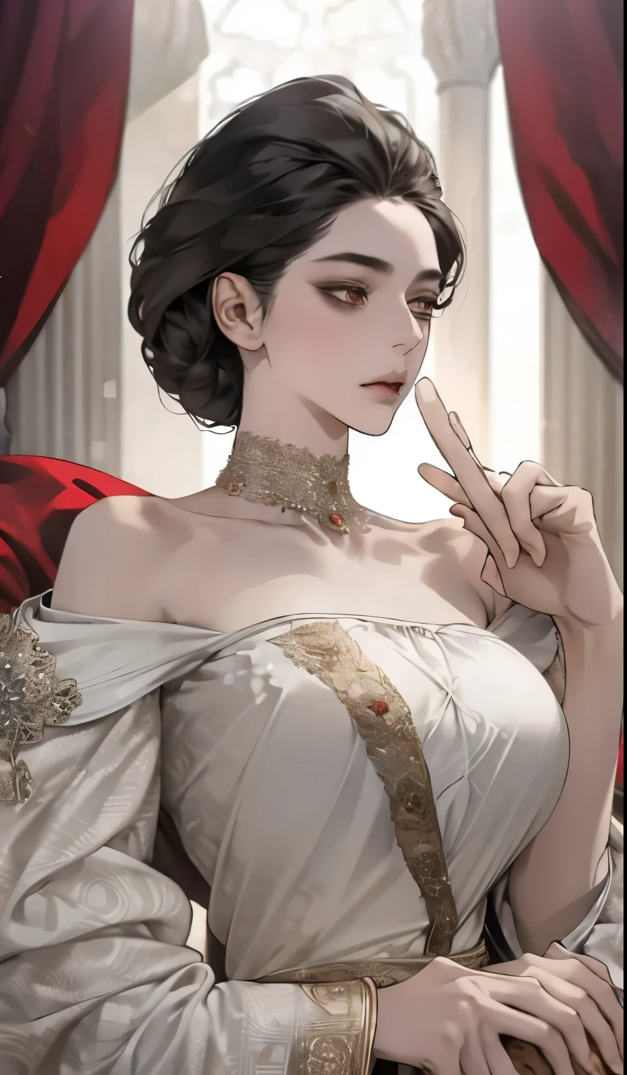 Fantasy, 19th century, empress, woman, delicate face, black hair, brown eyes, perfect body, big breast,in a white royal dress with open shoulders, gold patterns on fabric, crystal jewelry, with a scarlet ribbon over the shoulder with the regalia of the monarch, Gothic castle made of white stone on the background, light, day, hd