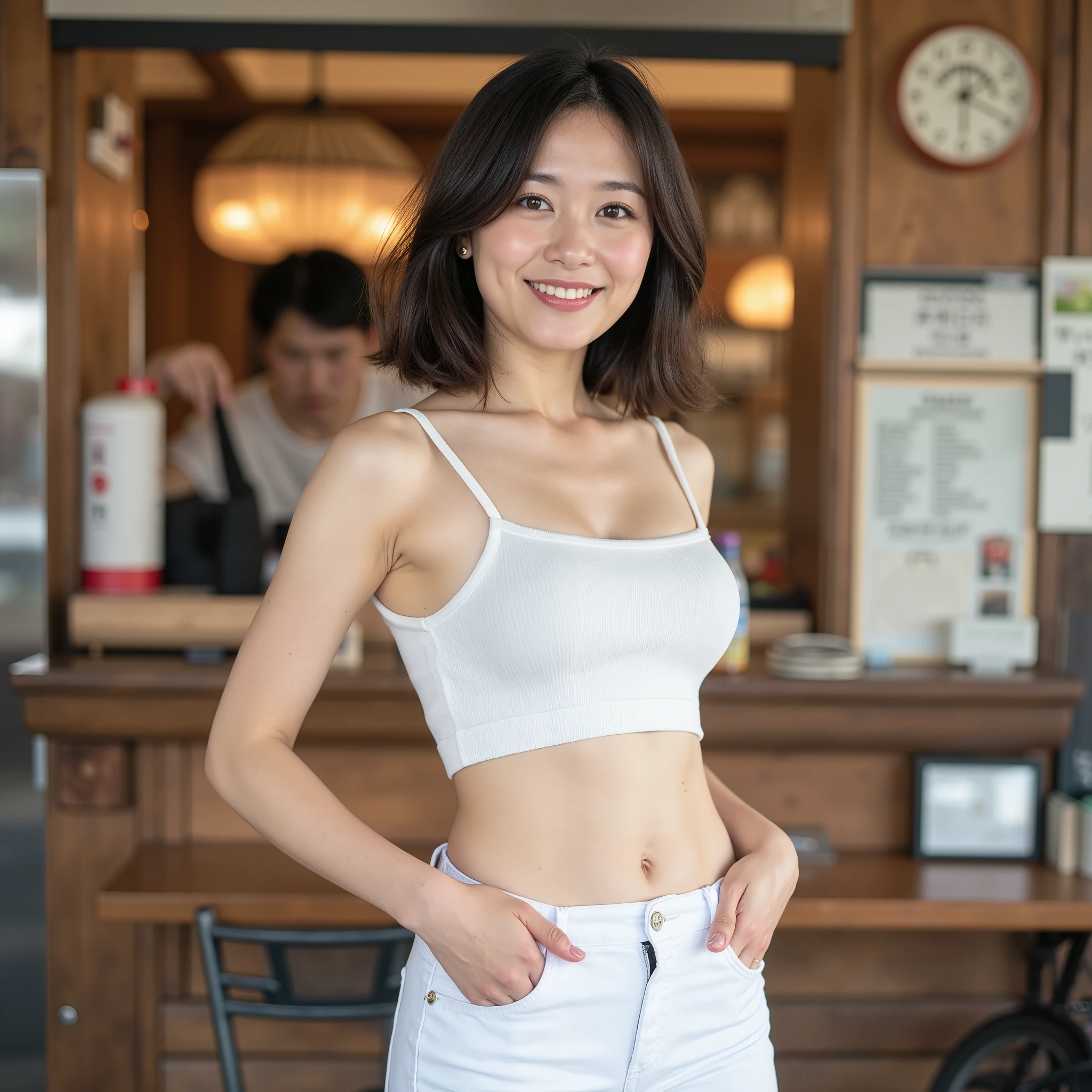 『1人の Japaneseの女の子:1.3』『 real photo :1.3』 best quality:1.2、(( big breasts))、 with a slight cleavage 、(( young woman))、(( have red cheeks ))『smiling with teeth:1.9』、((( anatomically correct、 perfect anatomy、 anatomically correct指)))、 is present, best quality, 超 high resolution, RAW photos, (Curvy body)、 1 girl in the best、 full body shot、 Japanese、、 short black hair 、A little freckled、I'm in front of a traditional Japanese food stall 、Proper Body Proportions、Ultra-high quality output images、 high resolution、 complicated details、 blowing in the wind, and her hair is so delicate and beautiful、 realistic pictures、 dreamy 、 professional lighting、 realistic shadows、 focus only 、 beautiful hands 、 Beautiful Fingers 、Detailed characteristics of hair、 detailed facial features、 no bra、white tight jeans 、I'm in front of a traditional Japanese food stall 、Dynamic pose、 pants style、 wear a light knit 、