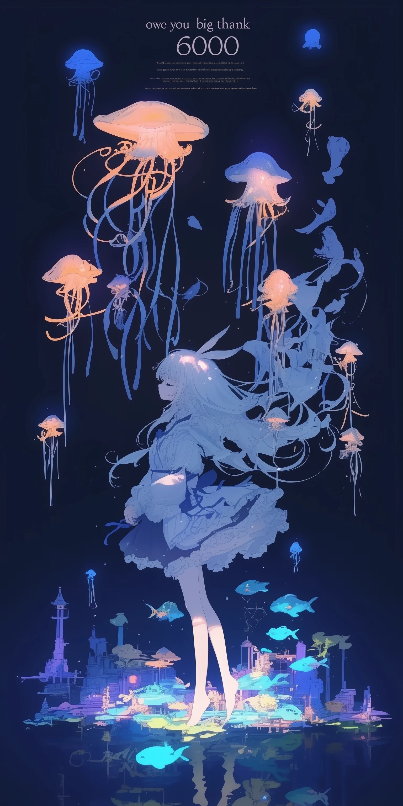 beautiful solemn text written "thank 6000". ((cute and kawaii rabbit girl lying down eternally sleeping in happy dream, long white hair and fluffy rabbit ear, transparent very white frilly dress embroidered delicately). at very unreal place as beautiful heaven shining particles floating.) (generate radiant and ethereal and translucent feeling picture. most beautiful image in the world. under black light and neon light. image generated by great soulful passion of artist. composition made by perfect golden ratio. flat newest anime style but very detailed art. masterpiece, best quality,)