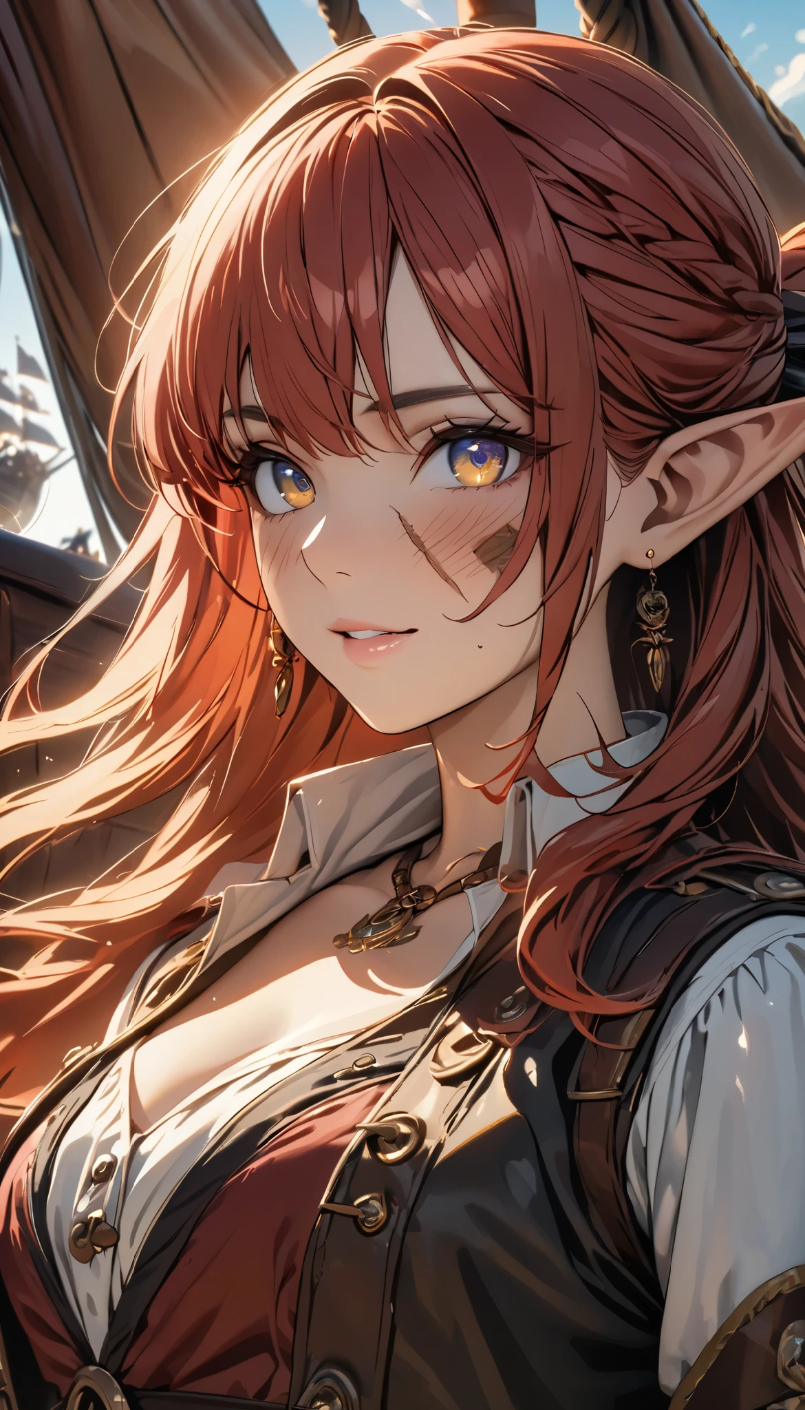 cinematic lighting, UHD, ((masterpiece)), super detail, (detailed eyes, detailed face), high quality, highres, high details, Pirate, Captain, Red Hair, Elf, On the pirate ship, Cut scar on cheek