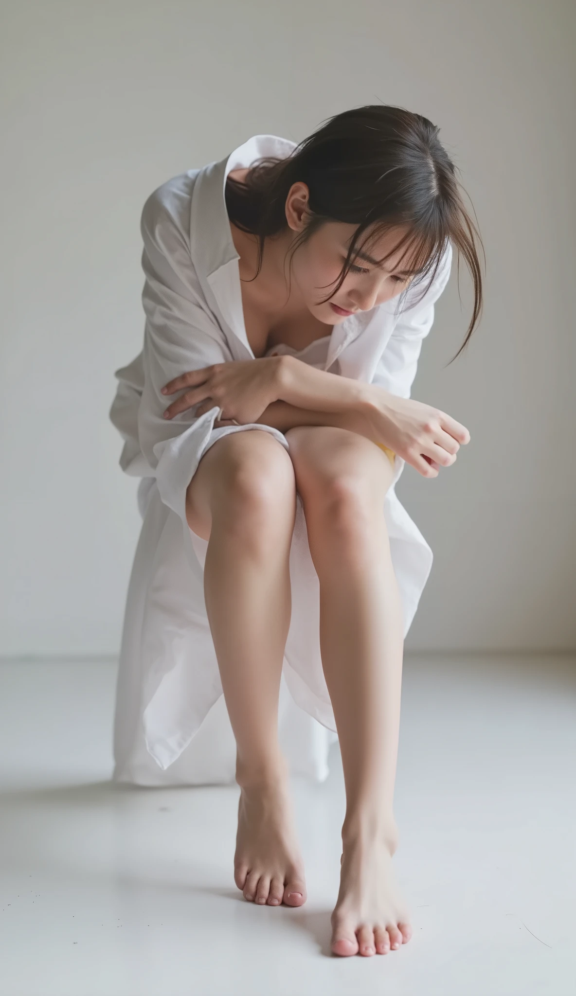 ( low angle shot、Biologically Accurate Images 、 on all fours:1.22, lean forward , loose open shirt 、 no underwear、)))