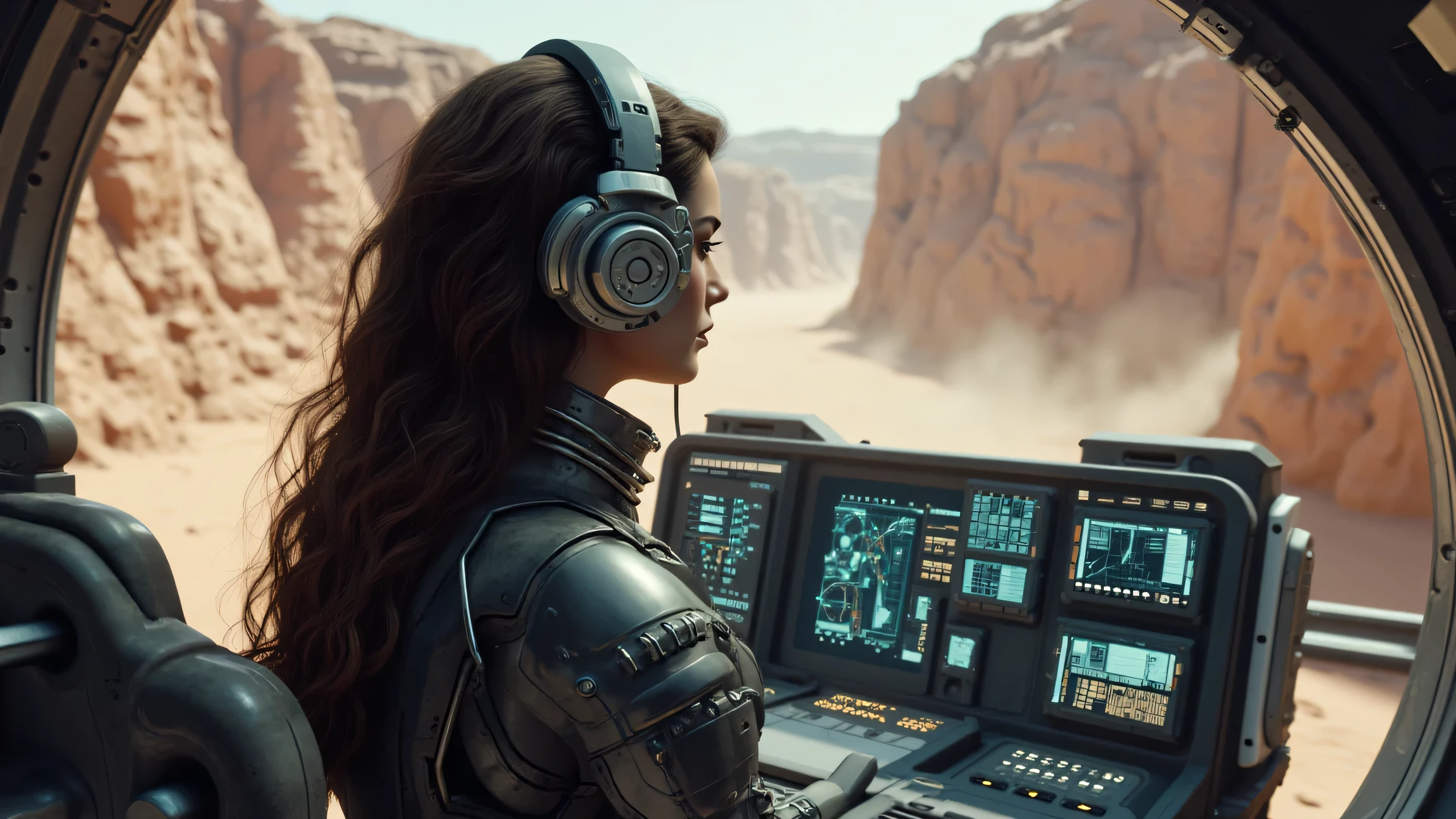 Ultrarealistic, photorealistic scene with global lighting . A young woman of European appearance , headphones in a sophisticated futuristic costume in the style of cyberpunk and retrofuturism, with their backs to the viewer. Dark gray suit with metal inserts and , tightly fits the body , emphasizing the , and includes armor in her arms , neck and head . On his head is a metal helmet with integrated headphones and technological elements. A European-looking girl , brunette , she has long, flowing , wavy hair. She is in the cockpit of a spaceship , standing in a deep canyon . In front of the girl there are a large number of instruments and panels with bright light bulbs and holographic screens. You can see canyon cliffs and clouds of dust behind the cabin windows. A clay-sand-colored canyon . You can see the detailed texture of the sandy surface . There is a part of a canyon with steep cliffs ahead . Dust rises from the bottom of the canyon . The atmosphere of the scene is dynamic , with a sense of adventure and unknown . The camera is located in a few meters from the girl . Perspective — medium , with a focus on the central figure .