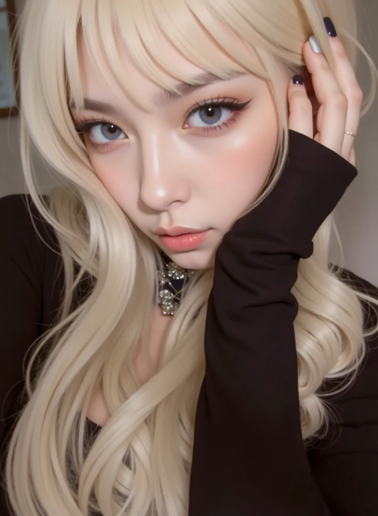 blond doll with blue eyes and long hair with a silver bracelet, long blonde hair and big eyes, long blonde hair and large eyes, blonde hair and large eyes, ulzzang, white hime cut hairstyle, ash blond greyish hair, ball jointed doll, long white hair and bangs, pale skin curly blond hair, sakimichan, winter aespa