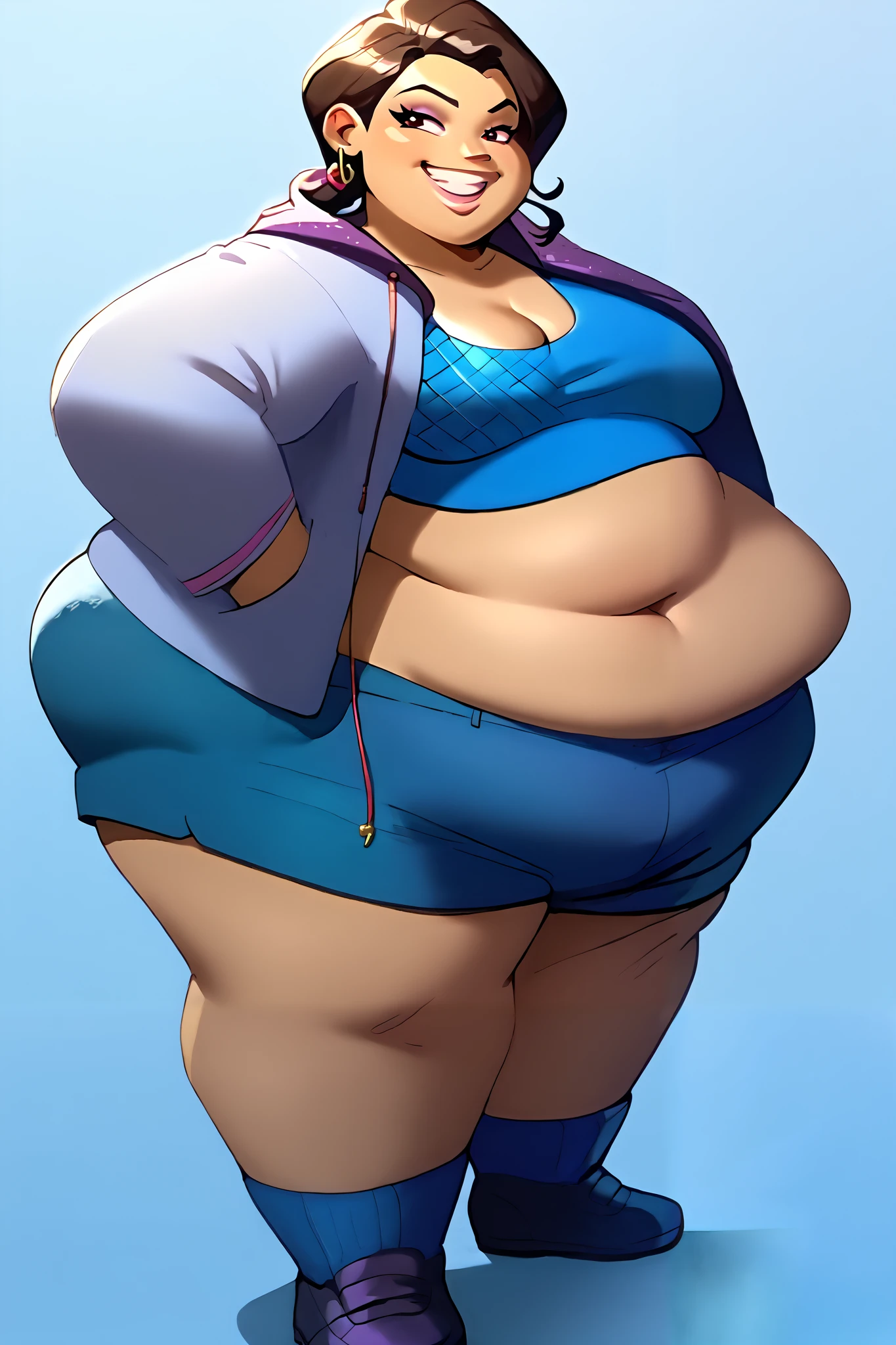 NessaPXL, dark skin, colored skin, blue eyeshadow, blue eyes, black hair, blue hair, colored hair, long hair, hair bun, hoop earrings, small breasts, necklace, white crop top, sleeveless, single glove, white shorts, two-tone shorts, white sandals, fat, chubby, obese