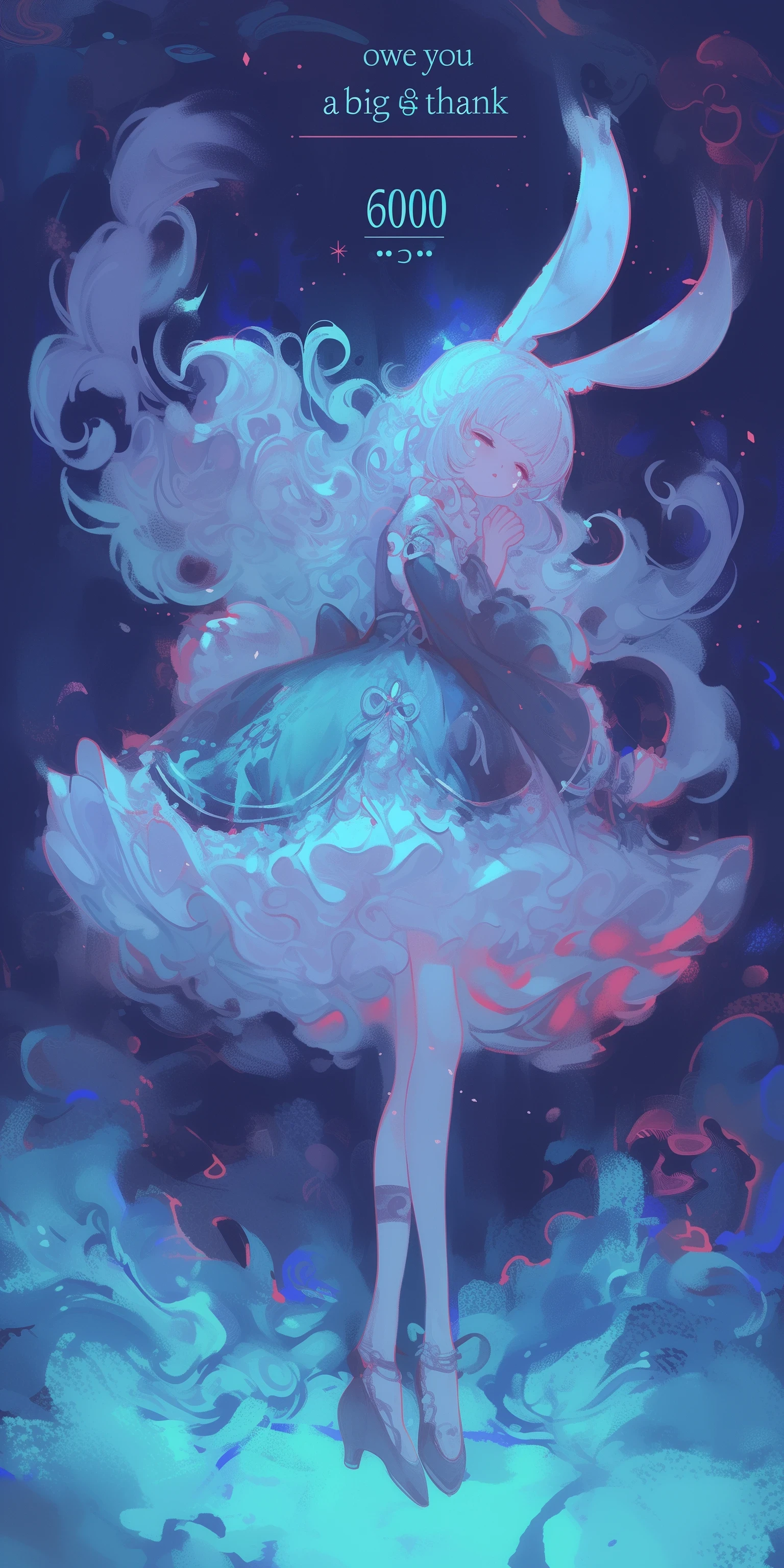 beautiful solemn text written "thank 6000". ((cute and kawaii rabbit girl lying down eternally sleeping in happy dream, long white hair and fluffy rabbit ear, transparent very white frilly dress embroidered delicately). at very unreal place as beautiful heaven shining particles floating.) (generate radiant and ethereal and translucent feeling picture. most beautiful image in the world. under black light and neon light. image generated by great soulful passion of artist. composition made by perfect golden ratio. flat newest anime style but very detailed art. masterpiece, best quality,)