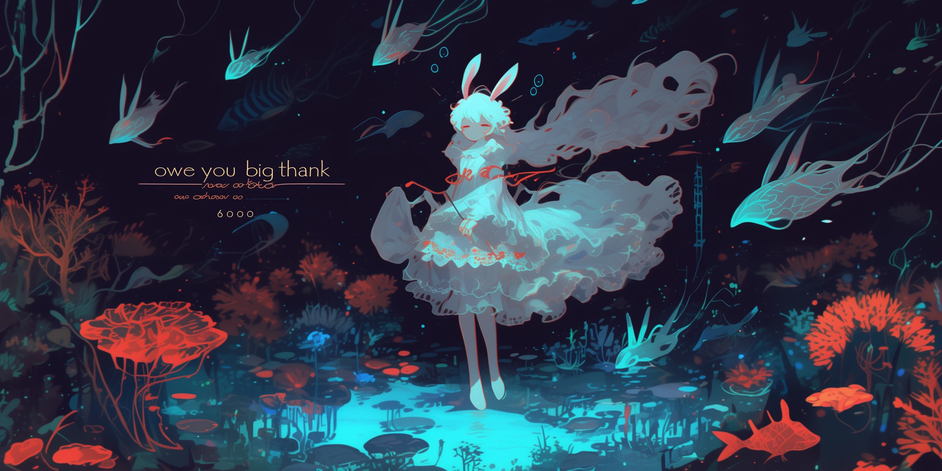 beautiful solemn text written "thank 6000". ((cute and kawaii rabbit girl lying down eternally sleeping in happy dream, long white hair and fluffy rabbit ear, transparent very white frilly dress embroidered delicately). at very unreal place as beautiful heaven shining particles floating.) (generate radiant and ethereal and translucent feeling picture. most beautiful image in the world. under black light and neon light. image generated by great soulful passion of artist. composition made by perfect golden ratio. flat newest anime style but very detailed art. masterpiece, best quality,)