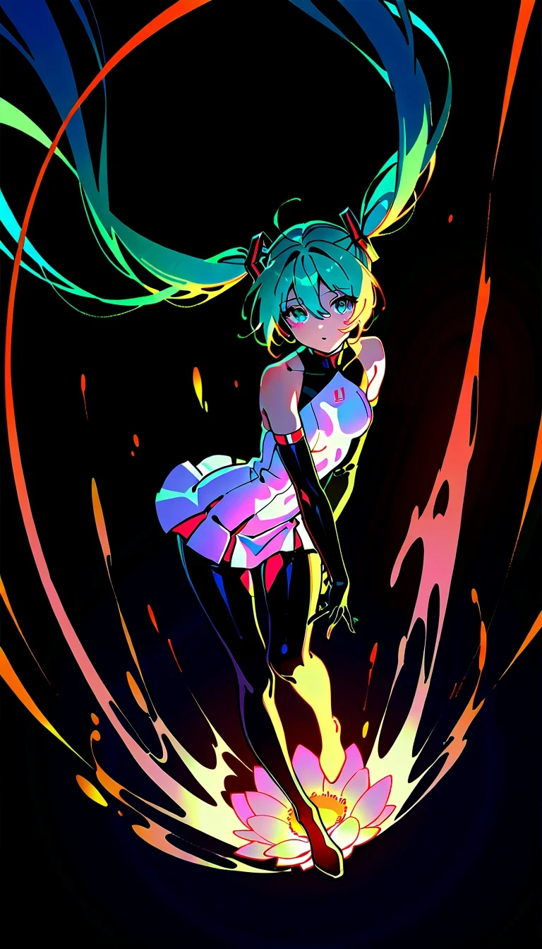 Masterpiece,  best quality ,  one girl, Alone,  long hair,  Hatsune Miku ,  Twin Tails, very  long hair,  Bodysuit,  Blue Hair,  gloves, whole body,  blue eyes, floating, View your viewers,  hair ornament, Sleeveless, black  gloves, Multicolored Hair, facial blemishes , Sleeveless ドレス, flower,  open your lips, absurdly  long hair, elbow  gloves, white dress,  hair between your eyes, 