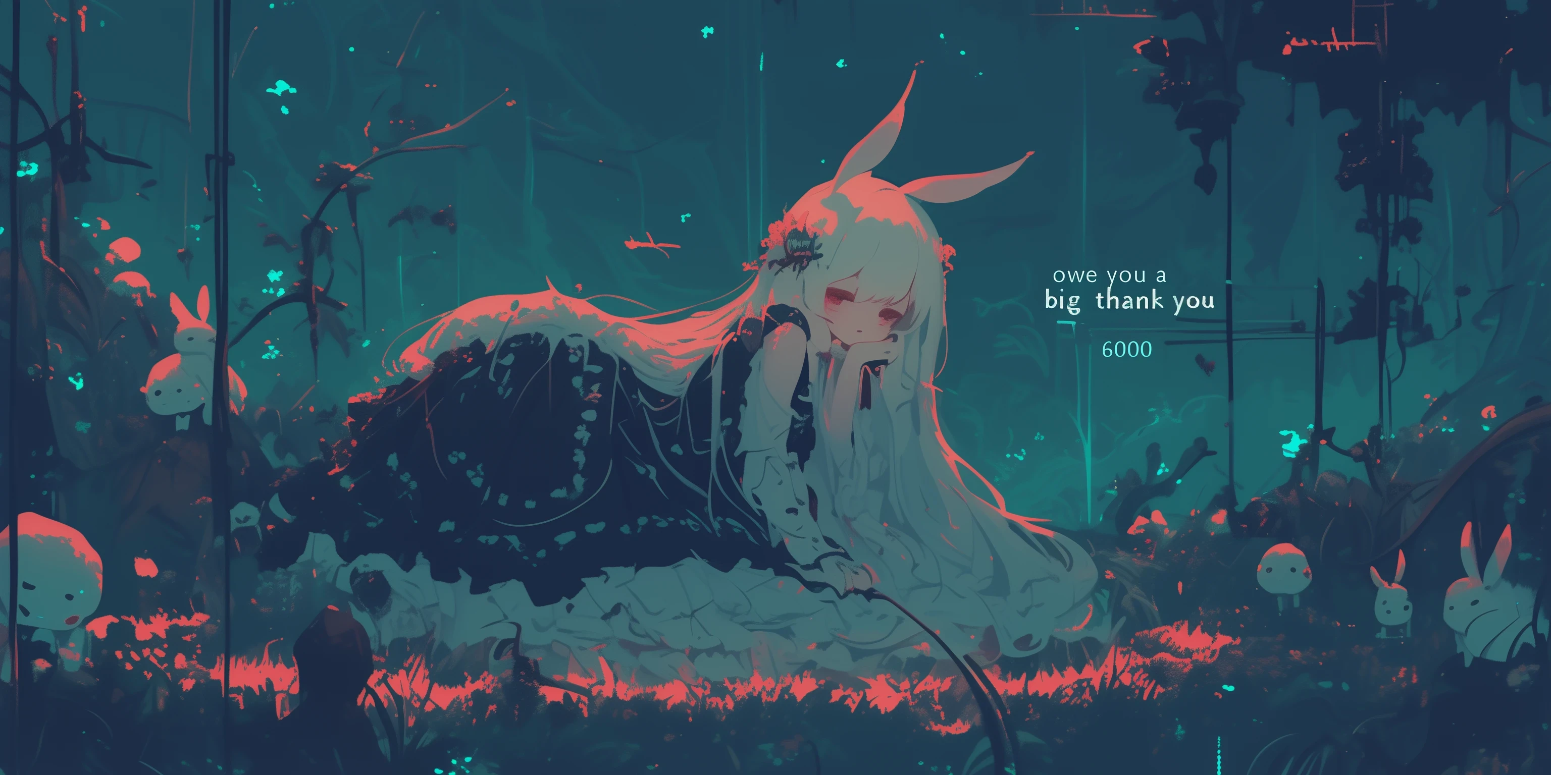 beautiful solemn text written "thank 6000". ((cute and kawaii rabbit girl lying down eternally sleeping in happy dream, long white hair and fluffy rabbit ear, transparent very white frilly dress embroidered delicately). at very unreal place as beautiful heaven shining particles floating.) (generate radiant and ethereal and translucent feeling picture. most beautiful image in the world. under black light and neon light. image generated by great soulful passion of artist. composition made by perfect golden ratio. flat newest anime style but very detailed art. masterpiece, best quality,)