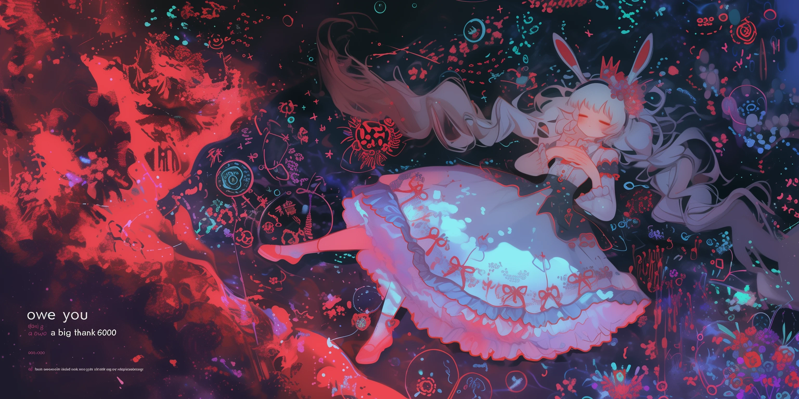beautiful solemn text written "thank 6000". ((cute and kawaii rabbit girl lying down eternally sleeping in happy dream, long white hair and fluffy rabbit ear, transparent very white frilly dress embroidered delicately). at very unreal place as beautiful heaven shining particles floating.) (generate radiant and ethereal and translucent feeling picture. most beautiful image in the world. under black light and neon light. image generated by great soulful passion of artist. composition made by perfect golden ratio. flat newest anime style but very detailed art. masterpiece, best quality,)