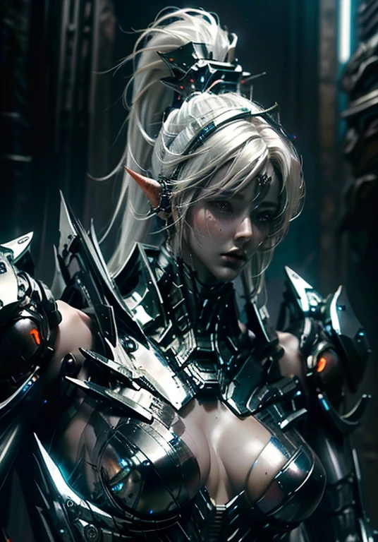 Frauen, Gesicht, White hair, Armor of the Black Dragon, Rote Augen, High quality, super detailliert, Super Holy Armor, vorderseite, Helles Bild, vorderseite, mehr vorne, black armor, Roter-Kupfer Verzierung, Cyberpunk, Neon, metallisch, fullbody view, detailed eyes, detailed face, detailed hands, elf woman, full body
