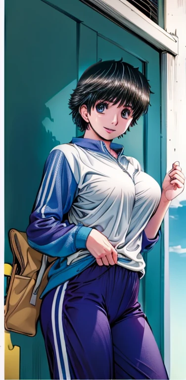 1girl, haruka, black hair, short hair, bangs, looking at viewer, huge breast, tank top, denim shorts,, (best quality, masterpiece:1.3)