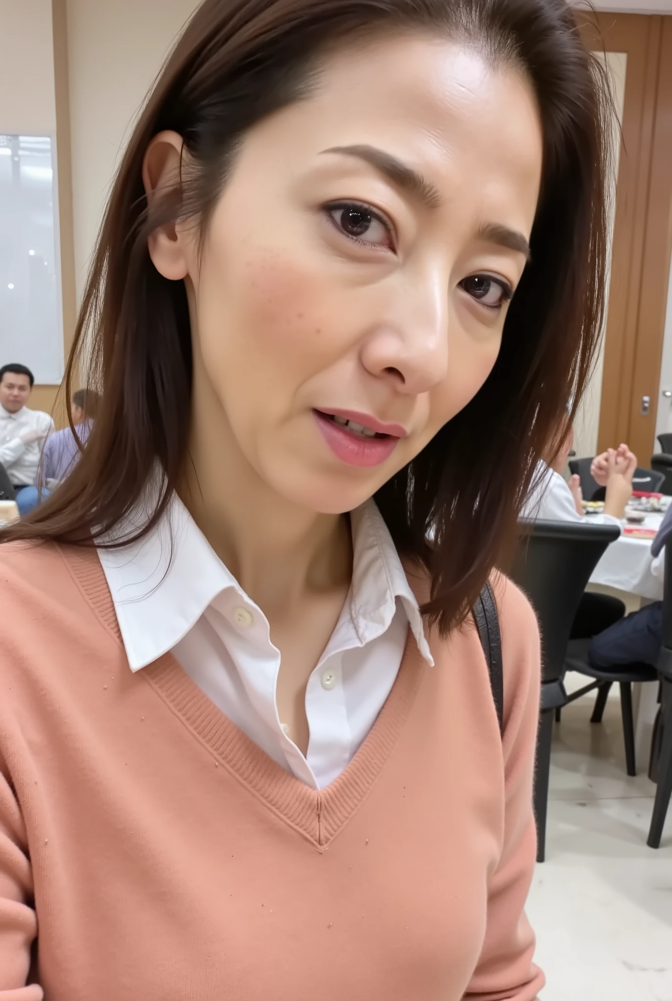 beautiful brown-haired woman , sitting at a restaurant table , wear a light colored sweater over a white shirt , (( Scary climax )) , close-up with eyes closed , ( 8K ultra HD :0.8), ultra detailed , RAW amateur photo ,(( face close-up)),((Frowning, I can clearly see my irritated ., frown, Please Open Your Mouth Wide ,Panting face)), There ,Chest, neck, and、 Wear a pale orange sweater over a white shirt、Face that shines when wet with sweat ,Coordinating Your Chest to SEXY , Beauty Actress Scandal , lean against the back of the chair , lean over 、Contempt