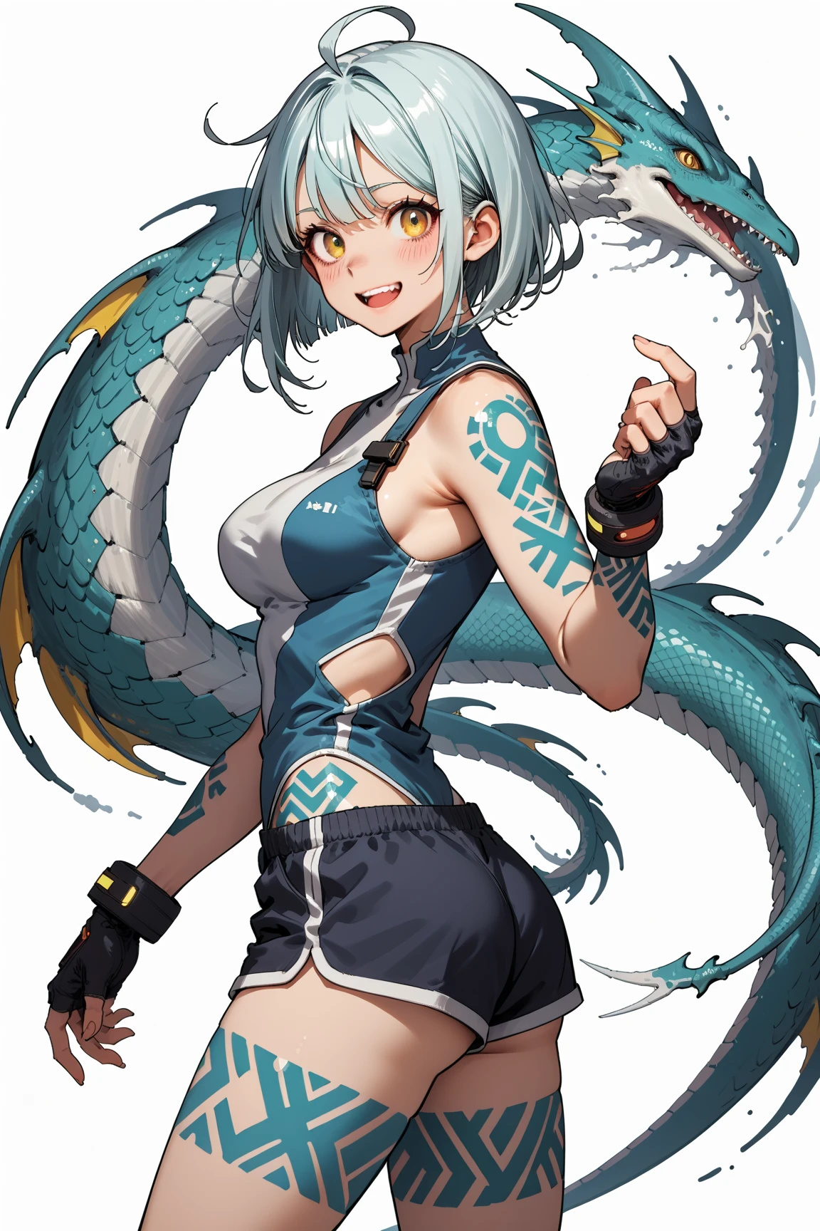 ninja girl. She is a reptilian element. Two serpents jump from her back.waltz pose.fishnet tights. A sharp accessory on the head. Aqua splash. Blue hair.