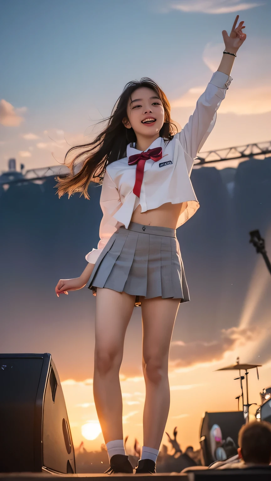 a vibrant Korean influencer at an open-air music festival under a sunset sky. She’s wearing a tight school uniform. She’s dancing joyfully, her laughter radiating energy, with the stage lights and crowd forming an exciting backdrop to the lively scene.