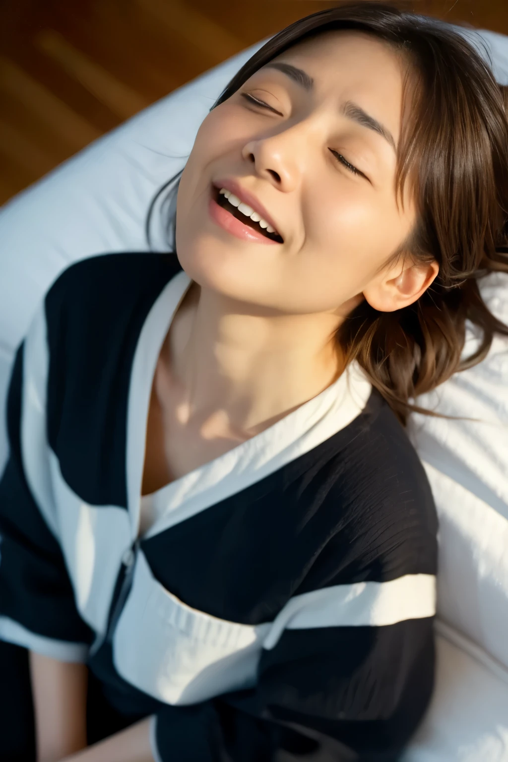 best quality , Ultra Fine, ( Ishihara Satomi ), IN A HOTEL ROOM , sit on the bed , (([[Insert、Deep joy、 severe pain 、Ecstatic Eyes :1.2, ( top view :1.5)、fear, (( close your eyes and take a deep breath :1.2)), ecstatic face、 climax expression 、 looks up at the 、天井を looks up at the 、Endure:1.5)), clench your teeth in Japanese、The whole body is projected, 巨大な Cleveland 、 thighs、両手を thighsの間に入れる、 Cleveland 、 balance 、 off-shoulder shirt 、 Cinematic Light、 Sharp Concentration、Bokeh、 highlights 、 cinematic post-processing、 Complex human hands 、reference