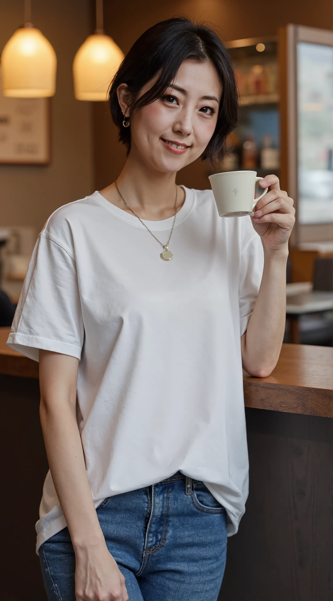 Japanese women 、40 years old、 My face is slightly wrinkled 、 feels old 、 slender body 、 very small breasts in the toilet bowl、 wearing T-shirts and jeans 、 showing belly 、 Order coffee at Crossleg in a stylish café、 I brush his hair 、 very short hair