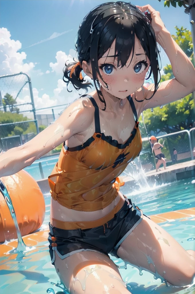 masterpiece,highest quality,real,((all fours pose)),swimsuit(Super soaked,(Orange camisole),(((navy shorts)))),Large public bath with cloudy and slimy lotion,(白濁ぬるぬるローションでSuper soaked:1.3),