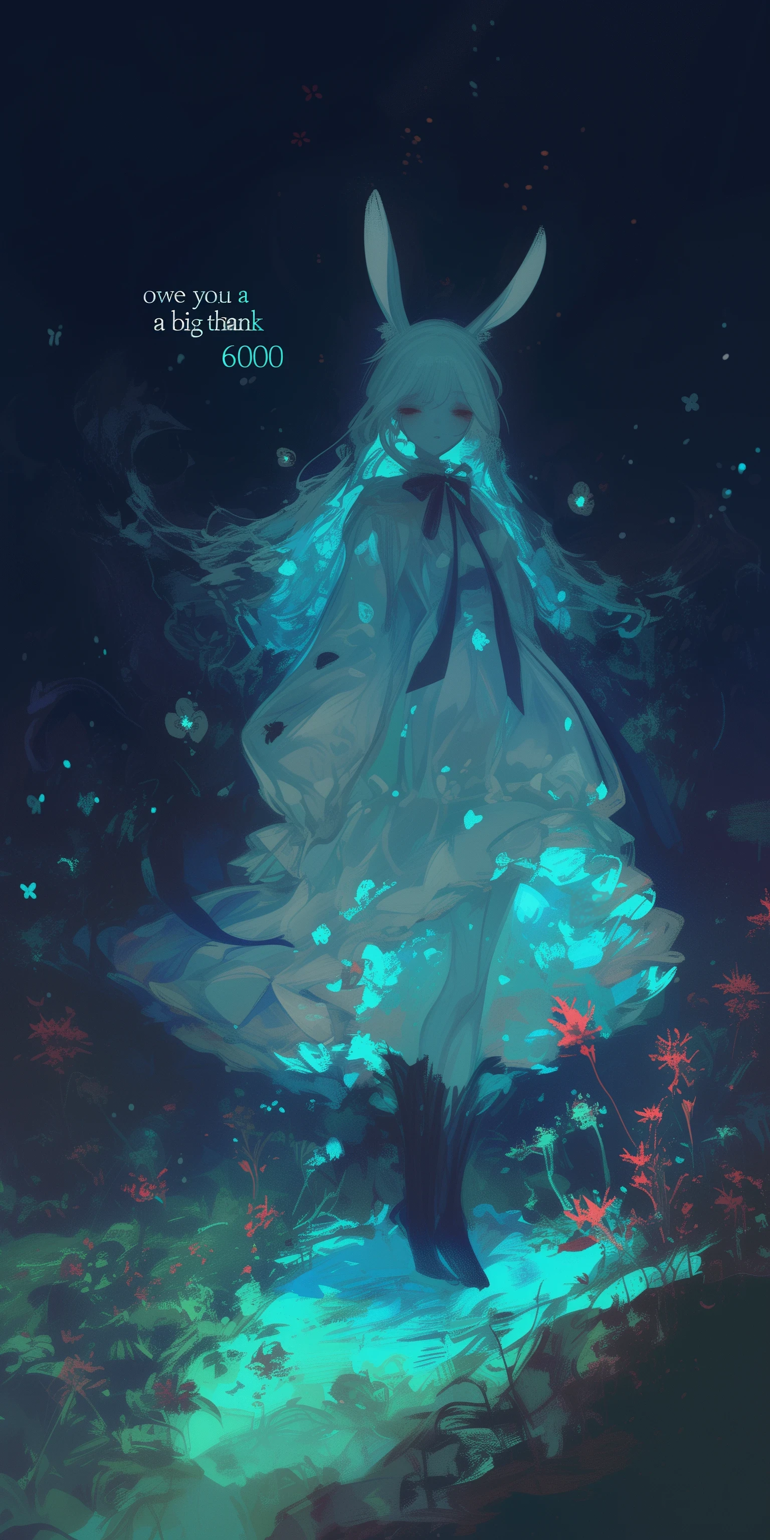 beautiful solemn text written "thank 6000". ((cute and kawaii rabbit girl lying down eternally sleeping in happy dream, long white hair and fluffy rabbit ear, transparent very white frilly dress embroidered delicately). at very unreal place as beautiful heaven shining particles floating.) (generate radiant and ethereal and translucent feeling picture. most beautiful image in the world. under black light and neon light. image generated by great soulful passion of artist. composition made by perfect golden ratio. flat newest anime style but very detailed art. masterpiece, best quality,)
