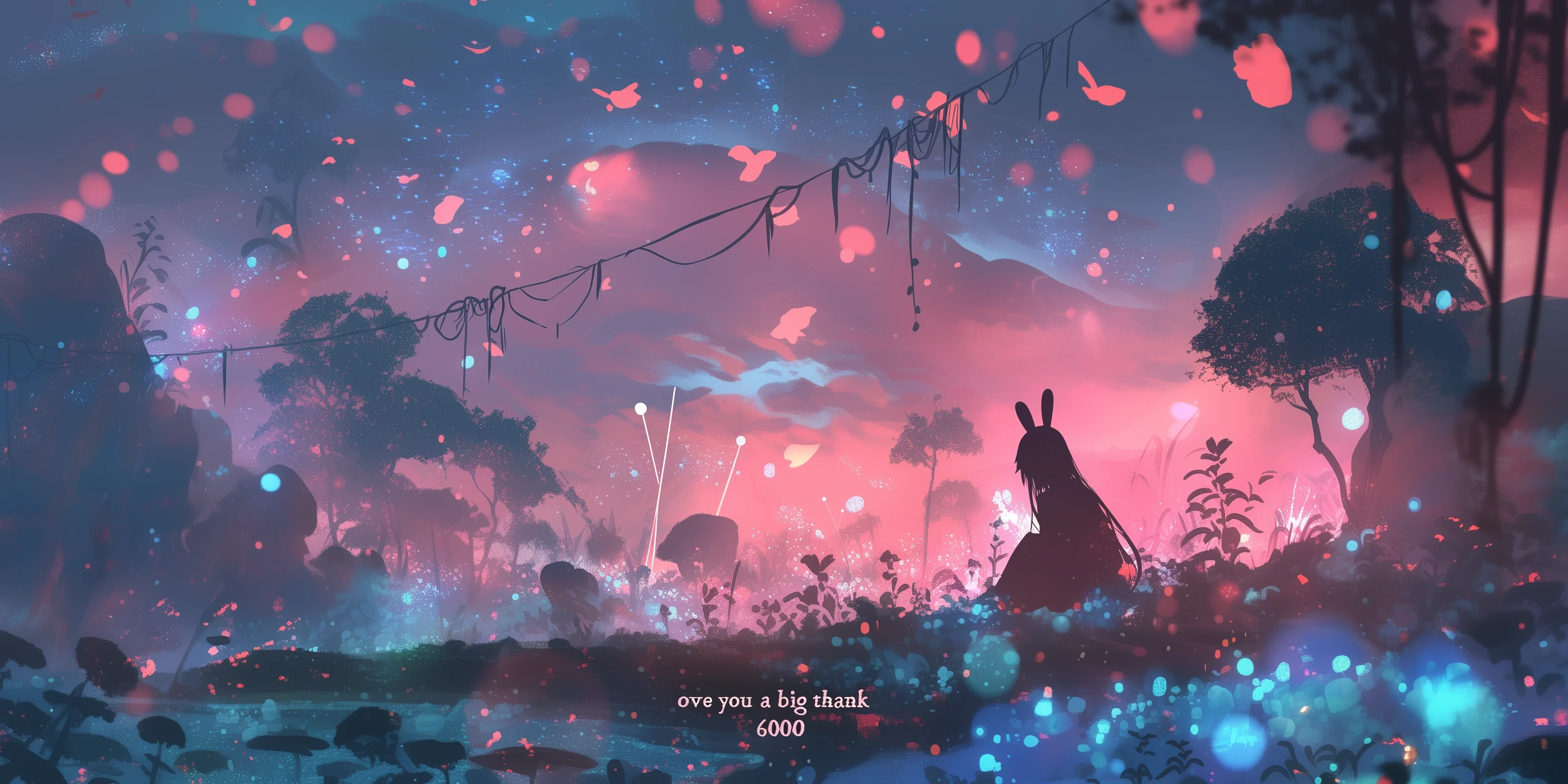 beautiful solemn text written "thank 6000". ((cute and kawaii rabbit girl lying down eternally sleeping in happy dream, long white hair and fluffy rabbit ear, transparent very white frilly dress embroidered delicately). at very unreal place as beautiful heaven shining particles floating.) (generate radiant and ethereal and translucent feeling picture. most beautiful image in the world. under black light and neon light. image generated by great soulful passion of artist. composition made by perfect golden ratio. flat newest anime style but very detailed art. masterpiece, best quality,)