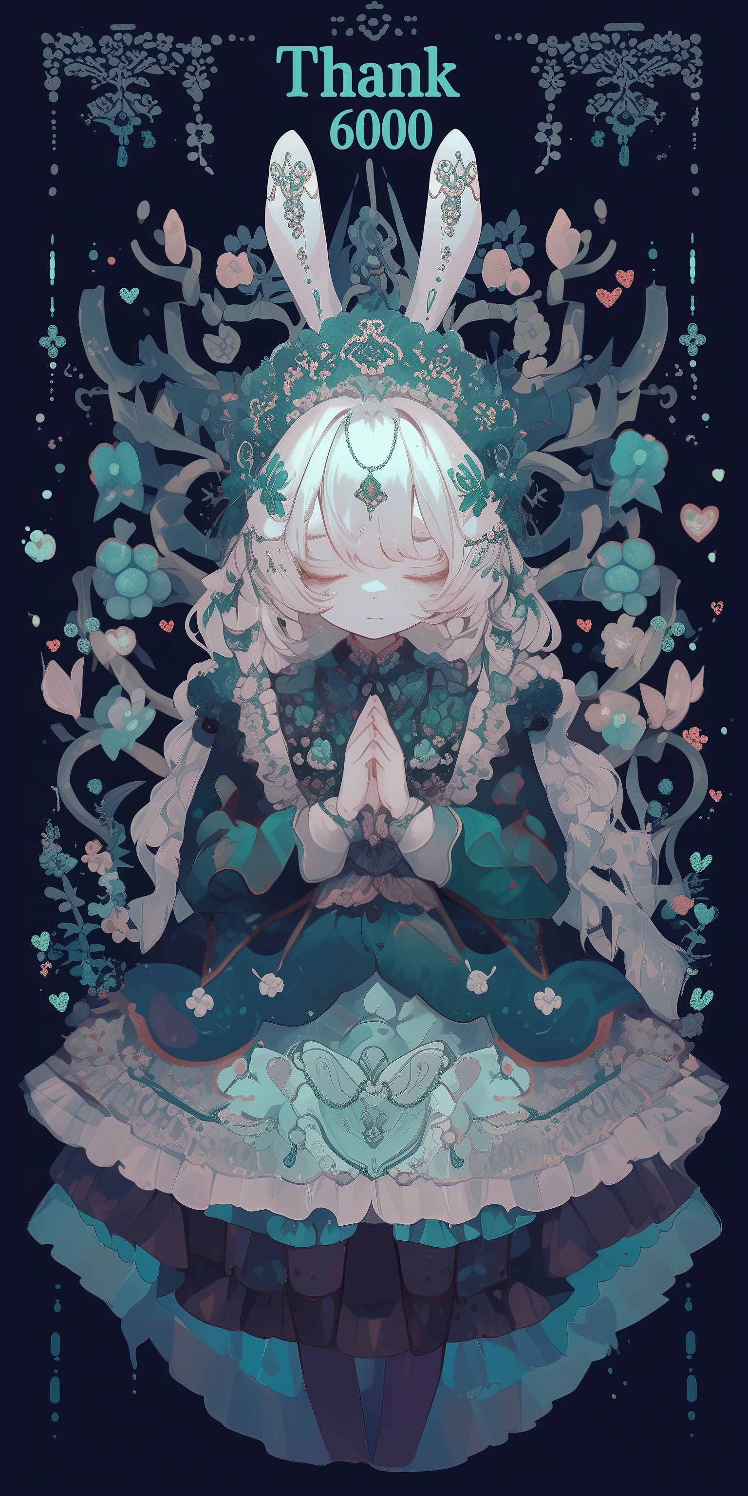 beautiful solemn text written "thank 6000". ((cute and kawaii rabbit girl lying down eternally sleeping in happy dream, long white hair and fluffy rabbit ear, transparent very white frilly dress embroidered delicately). at very unreal place as beautiful heaven shining particles floating.) (generate radiant and ethereal and translucent feeling picture. most beautiful image in the world. under black light and neon light. image generated by great soulful passion of artist. composition made by perfect golden ratio. flat newest anime style but very detailed art. masterpiece, best quality,)