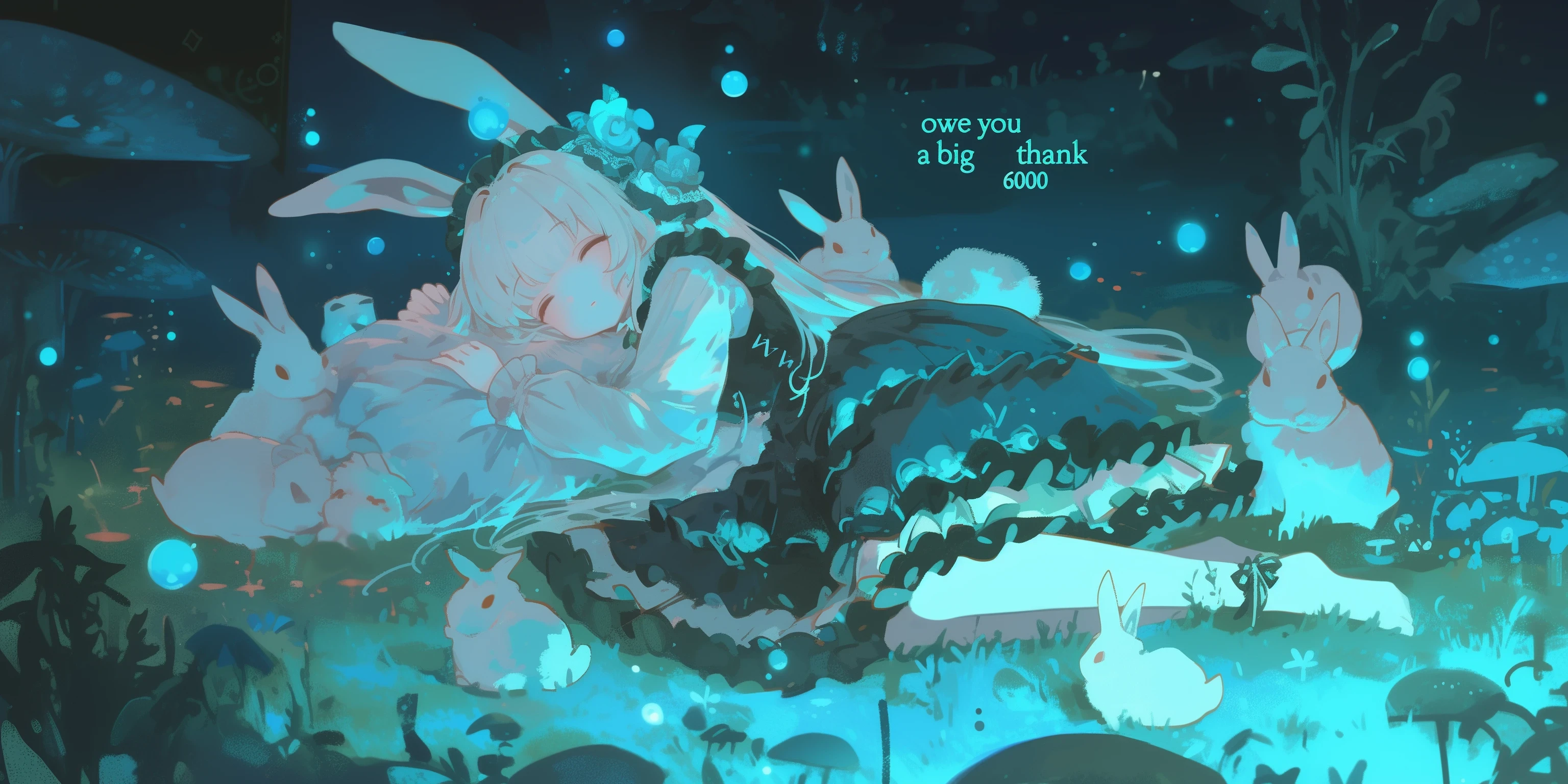 beautiful solemn text written "thank 6000". ((cute and kawaii rabbit girl lying down eternally sleeping in happy dream, long white hair and fluffy rabbit ear, transparent very white frilly dress embroidered delicately). at very unreal place as beautiful heaven shining particles floating.) (generate radiant and ethereal and translucent feeling picture. most beautiful image in the world. under black light and neon light. image generated by great soulful passion of artist. composition made by perfect golden ratio. flat newest anime style but very detailed art. masterpiece, best quality,)