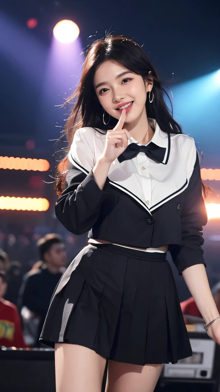 a vibrant Korean influencer at an open-air music festival under a sunset sky. She’s wearing a tight school uniform. She’s dancing joyfully, her laughter radiating energy, with the stage lights and crowd forming an exciting backdrop to the lively scene.