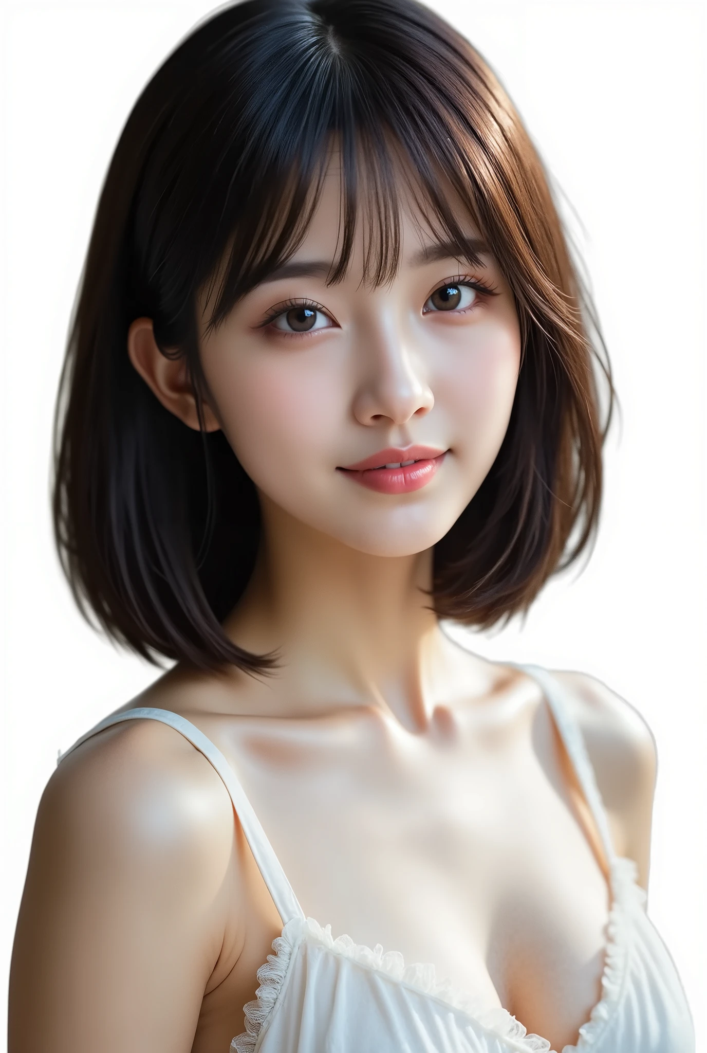 Genuine, high resolution pictures, Masterpiece, best quality, great quality, very detailed, intricate details, sharp details , sharp concentration, professional lighting, Alone, ONE CUTE WOMAN , Japanese woman, Fluffy black bob cut with small head, Small face, cute face, ( completely naked, Super Big Tits/Super Saggy Breasts ,Areolas are raised a lot · Darker areolas are raised a lot · Nipples are big and long · Look at the viewer, perfect hand, perfect anatomy