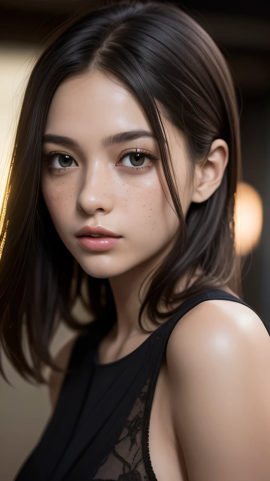 Masterpiece, best quality, ( Highly Detailed CG Unity 8K Wallpaper, Masterpiece, best quality, more details, Best Shadows), ( detailed background ), ( beautiful detailed faces from faces and clothes, beautiful detailed eyes), high contrast , Realistic woman, Freckles, ( best illumination , extremely delicate and beautiful ), short hair while on a business trip, hair ornament, accessories, piercing above spo, complex background, Colorful light_particle, space, Dark Background ,