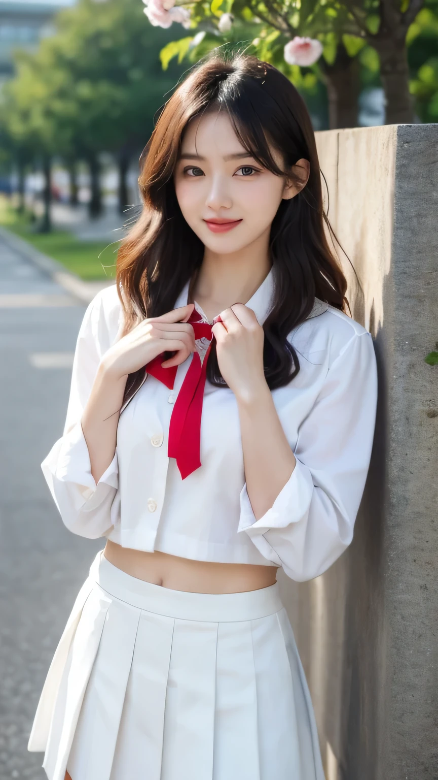 a beautiful Korean influencer standing in front of a traditional school building, dressed in a classic school uniform. She’s wearing a crisp white blouse with a navy blazer, a pleated skirt, and a neatly tied red ribbon. Her hair is styled in soft, natural waves, and she holds a stack of books against her chest, smiling warmly. The backdrop features blossoming cherry trees, creating a charming and youthful atmosphere.