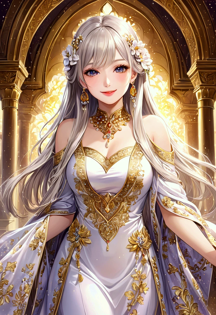 👩👧💋💖💖💖A beautiful girl is wearing a Punjabi suit dress、 long silver blond hair、Sparkling golden powder effect ,  Fantastic、smile、CG digital art illustration、