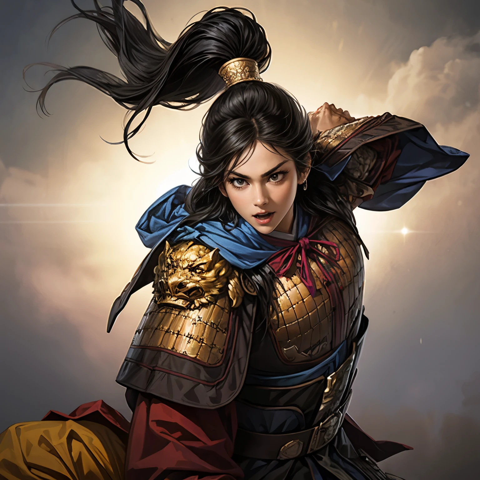 ((Create an image from the top of the head to the thigh)),  Three Kingdoms illustration , Female solo,  Beautiful Woman,  beautiful face ,  perfect hand , ( black hair ),  sexy expression ,  excited expression, Various facial expressions,  various poses, standing pose,  sitting pose, Brilliant background ,  blurry background , Beautiful armor, Chinese Armor , A woman holding a sword,  Flying Cloak , Woman holding armor and cloak 