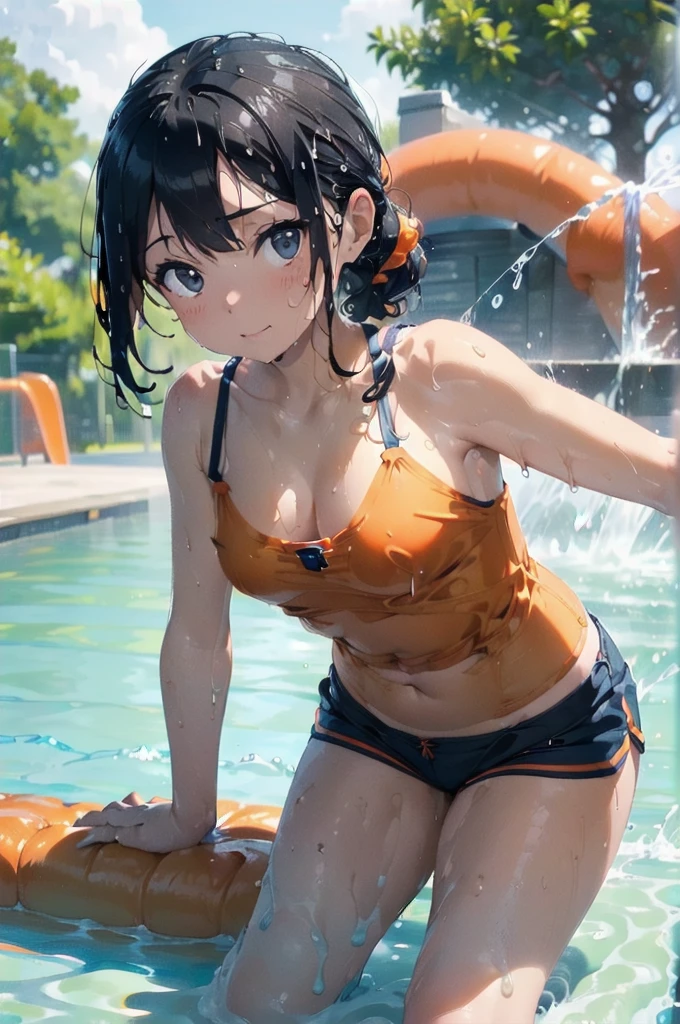 (Drenched in slimy love lotion:1.5),(Orange swimsuit((Orange camisole)),Navy blue piping),(Navy blue shorts),Black Hair,(Water playground in the park:1.2),(Leaning forward pose:1.4),