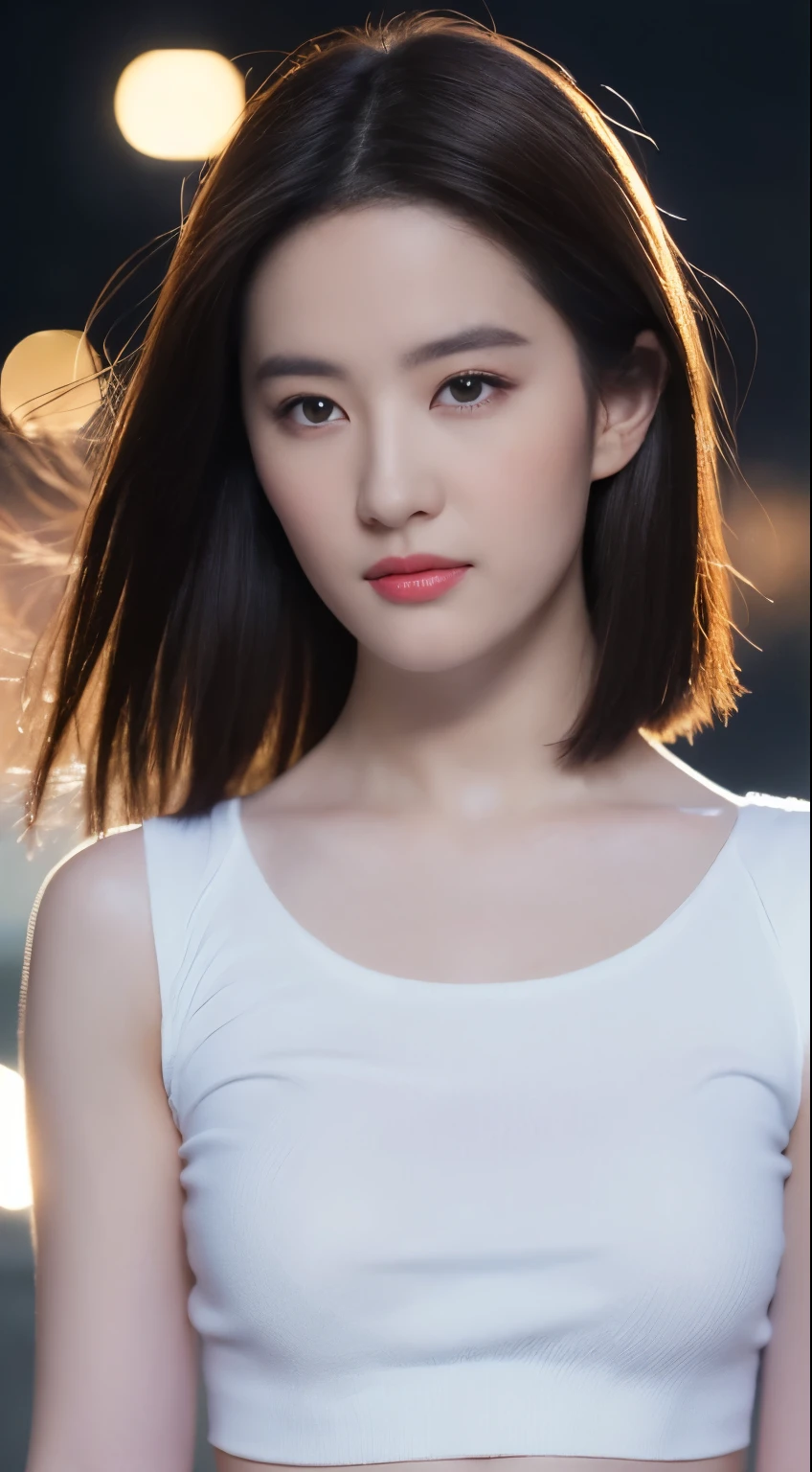 (( Realistic Lighting ,  is the best quality, 8K,  masterpiece: 1.3)), Clarify the focus: 1.2, 1 Girl, perfect beauty: 1.4, Big : 1.2,  slim abs : 1.1, (( dark brown hair )), ( white short top : 1.4), (Outdoor, night: 1.1),  City Street, Ultra fine surface ,  beautiful eyes ,  Double eyelids,
