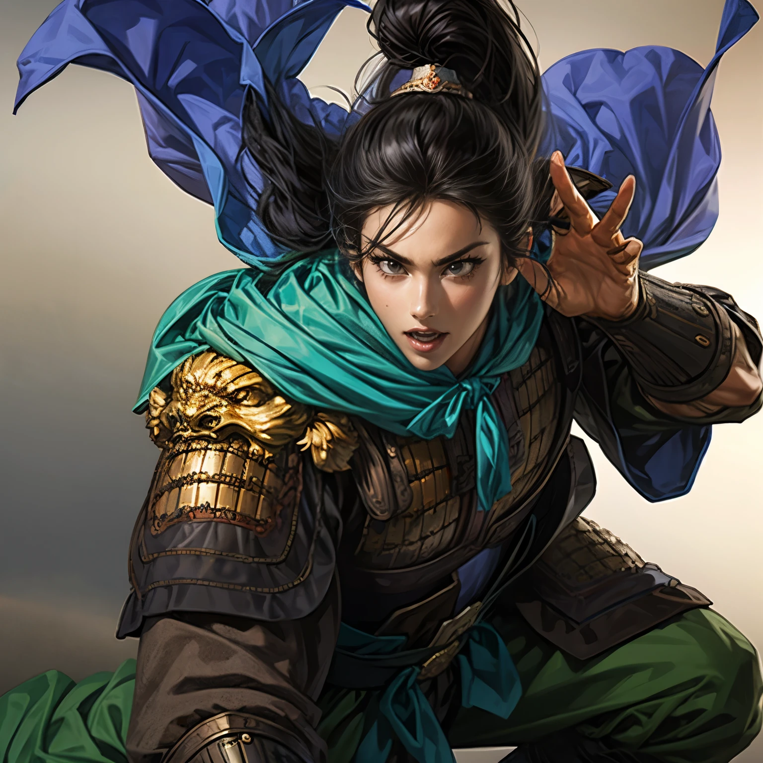 ((Create an image from the top of the head to the thigh)), Three Kingdoms illustration , Female solo, Beautiful Woman, beautiful face , perfect hand , ( black hair ), sexy expression , excited expression, Various facial expressions, various poses, standing pose, sitting pose, Brilliant background , blurry background , Beautiful armor, Chinese Armor , A woman holding a sword, Flying Cloak , Woman holding armor and cloak , Person holding a weapon