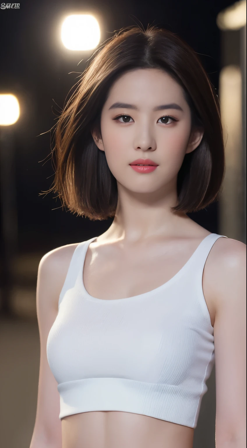 (( Realistic Lighting ,  is the best quality, 8K,  masterpiece: 1.3)), Clarify the focus: 1.2, 1 Girl, perfect beauty: 1.4, Big : 1.2,  slim abs : 1.1, (( dark brown hair )), ( white short top : 1.4), (Outdoor, night: 1.1),  City Street, Ultra fine surface ,  beautiful eyes ,  Double eyelids,
